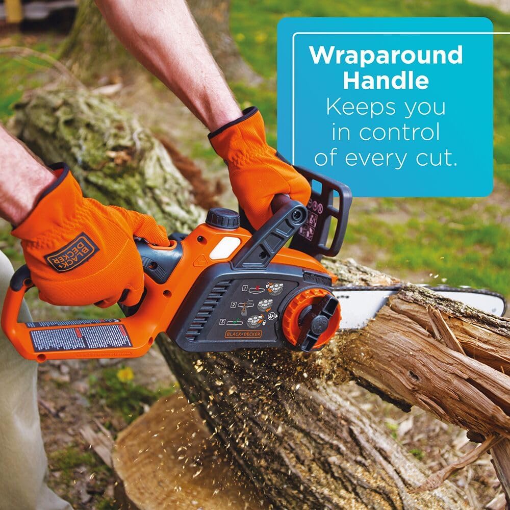 BLACK+DECKER 20V MAX Electric Chainsaw, 10 inch Cordless Chainsaw with Battery and Charger Included, Automatic Oiler, Low Kickback Power Chain Saws (LCS1020)