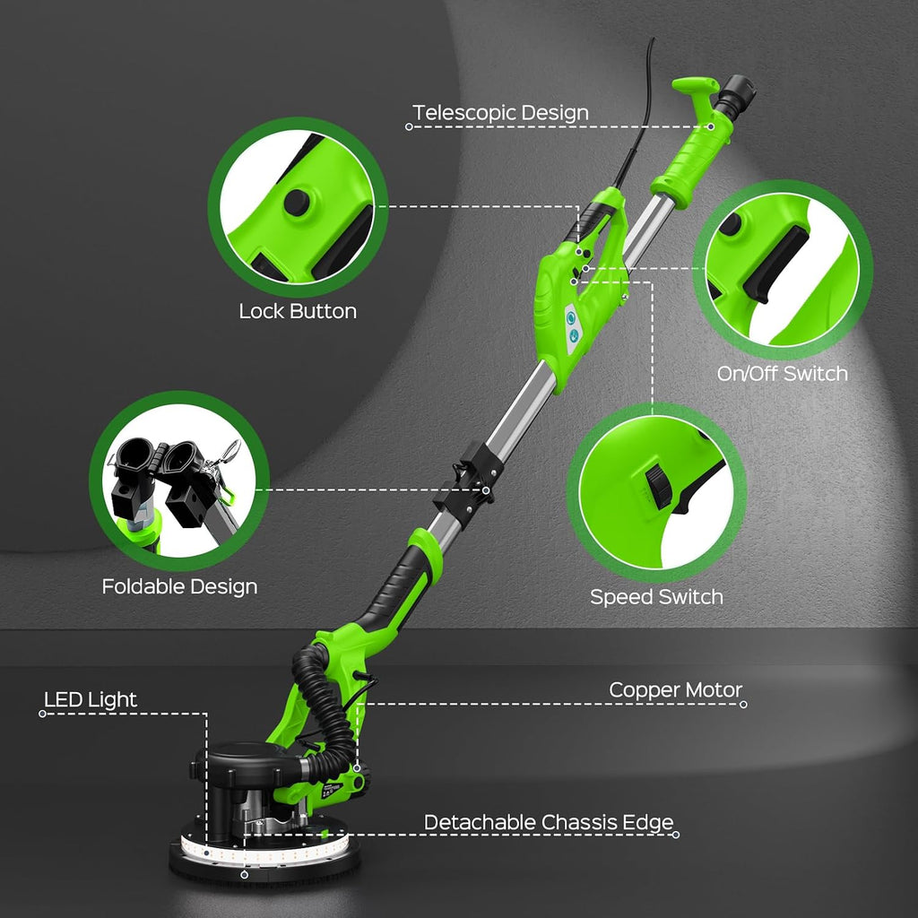 Drywall Sander, Popcorn Ceiling Removal Tool with 7 Variable Speed 800-1800RPM, 2026 Upgraded 8-Amp Drywall Sander with Vacuum Dust Collector with 12pcs Sanding Discs, Extendable Handle, LED Light