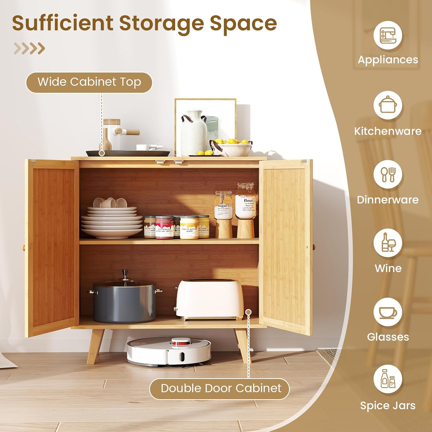LOKO Bamboo Buffet Cabinet Set of 2, Boho Storage Sideboard with PE Rattan Doors, Freestanding Kitchen Cupboard, Coffee Bar Accent Cabinet for Living Room, Dining Room, Hallway, Natural (2)