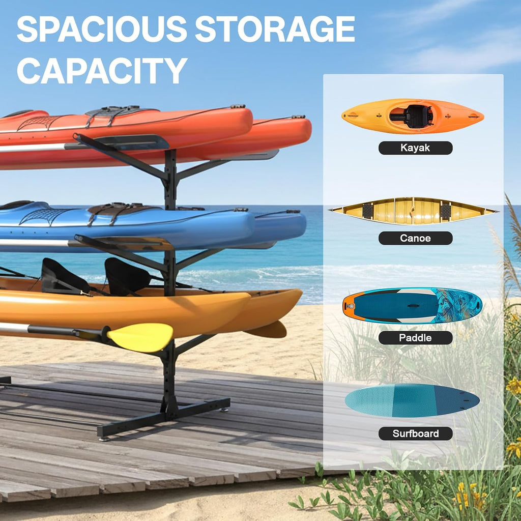 LotFun Kayak Storage Rack, Freestanding Heavy Duty Adjustable Kayak Stand Indoor Outdoor Storage Rack Garage, with Wheels and Foot Pad, for Kayaks, SUPs, Canoes, Surfboard (3 Levels for 6 Kayaks)