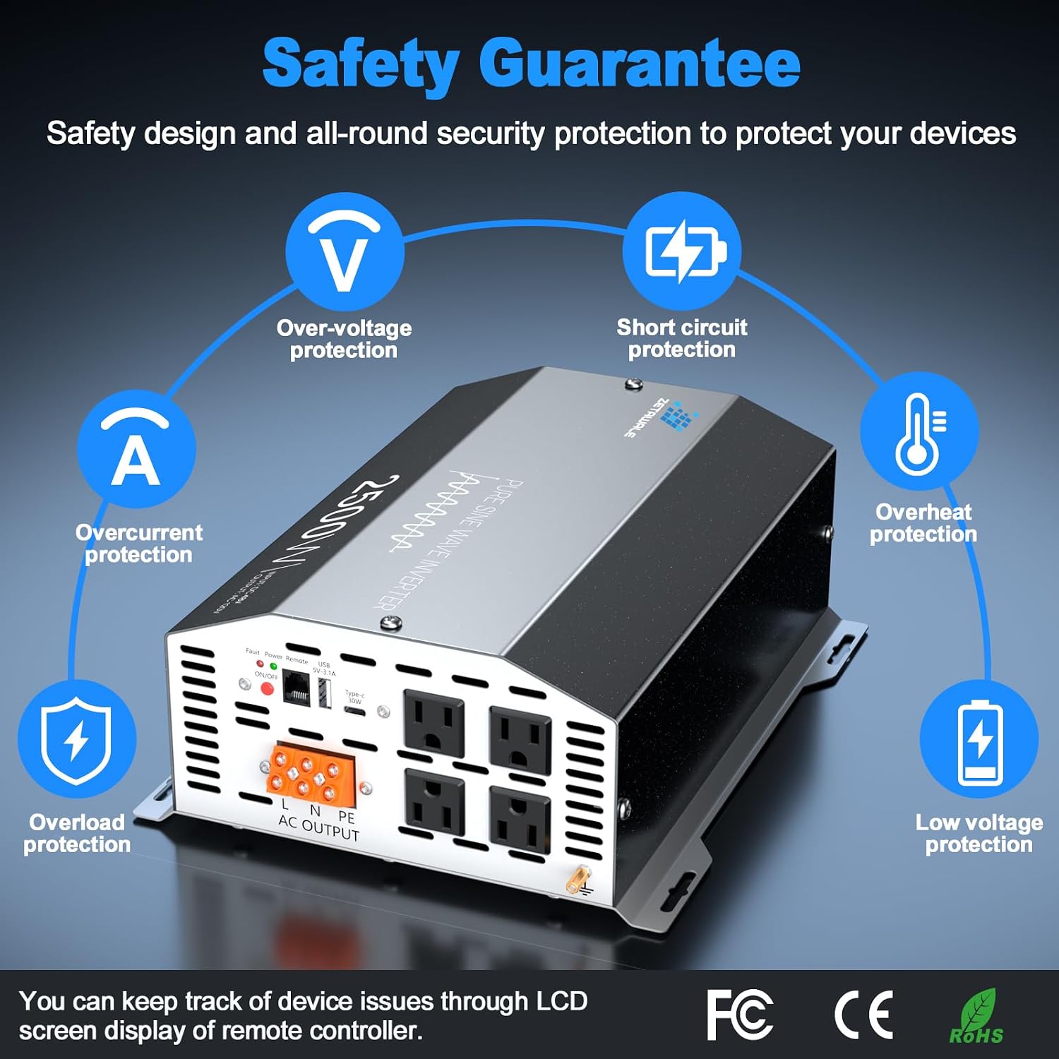 2500W Pure Sine Wave Inverter 48V DC to 110V/120V AC Converter, 5000W Peak, High-Efficiency Off-Grid Solar Power Inverter, 4 AC Outlets, USB & Type-C, LCD Remote Control
