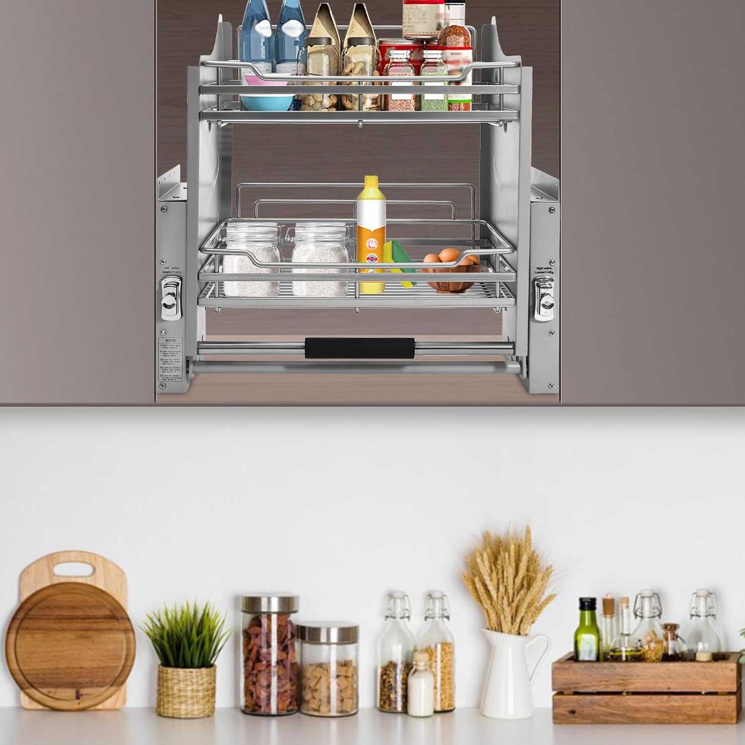 Pull-Down Cabinet Organizer, 2 Tier Pull down Shelf for Kitchen Upper Cabinet, Pull-Out Rack System Inner Space Saving Plate for Kitchen Appliance Lift Upper Cabinet, 22 Inch Width