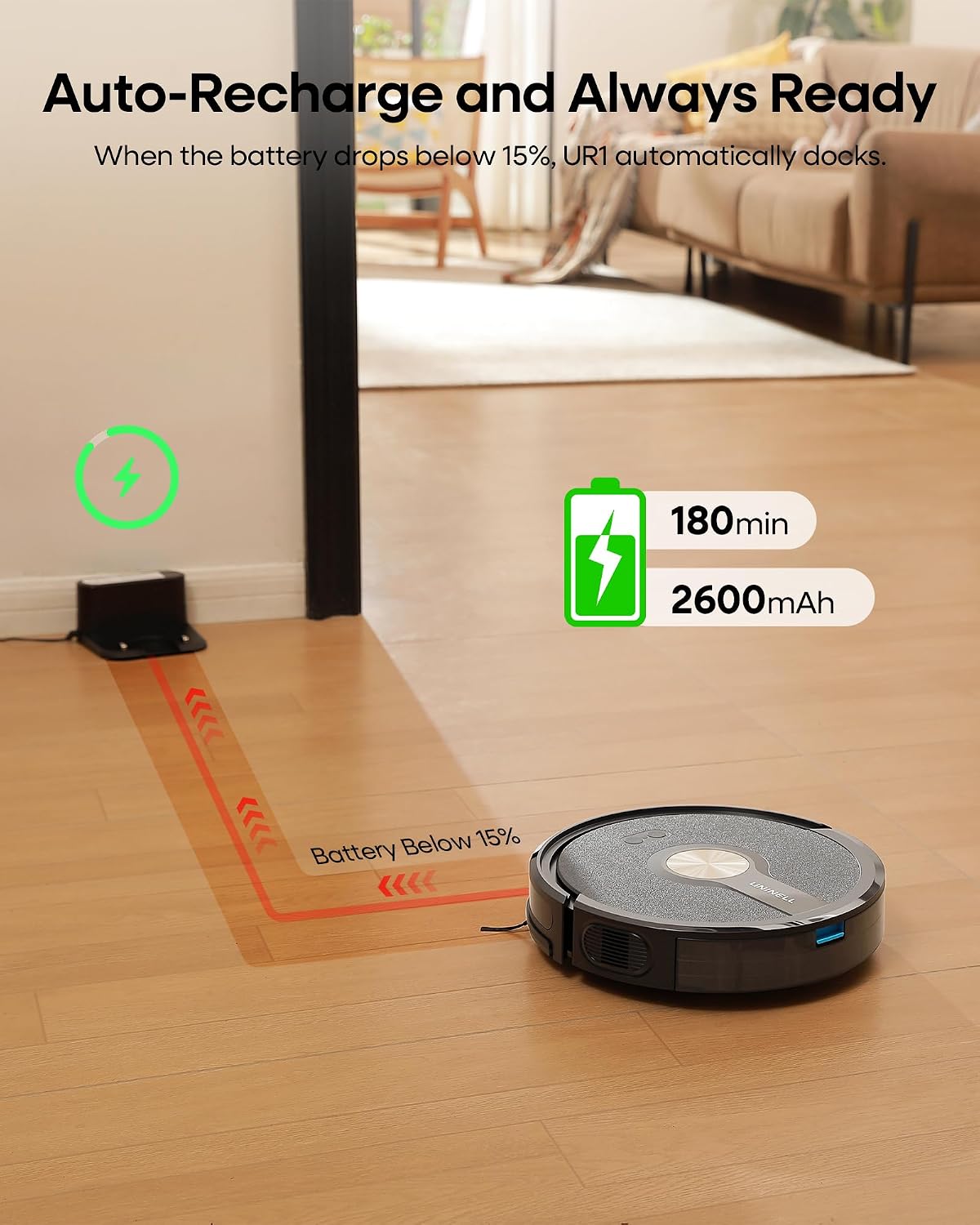 Robot Vacuum and Mop Combo, 5000Pa Suction for Pet Hair, 180Min Runtime Self-Charging, Ultrathin 2.99' for Bedroom/Living Room/Apartments with Pets, Wi-Fi App Alexa Control UR1