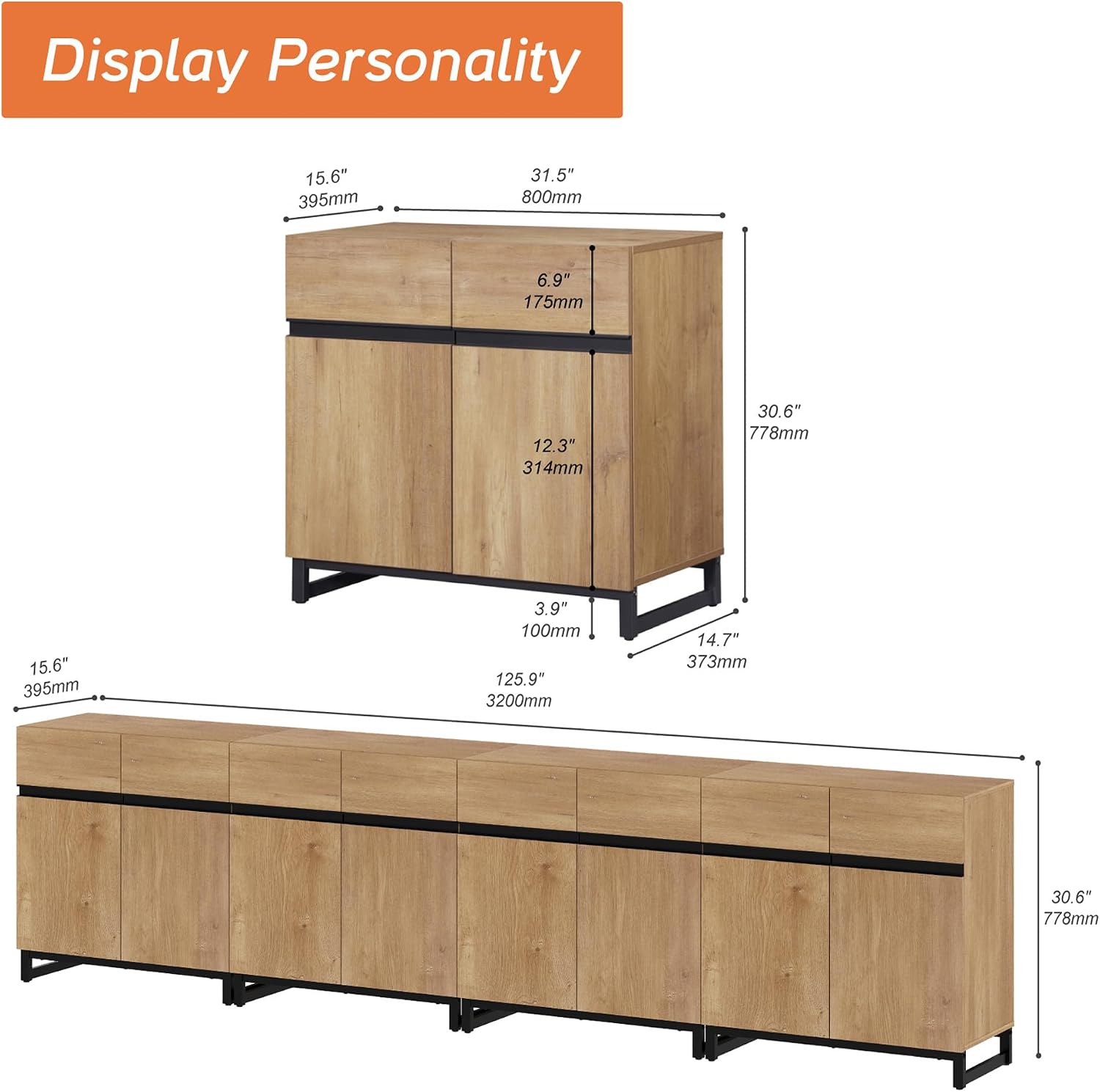 WAMPAT Sideboard Buffet Cabinets, Modern Sideboard with Adjustable Shelf and Metal Base, Coffee Bar Cabinet Storage Cabinet for Living Room, Kitchen, 4Pcs, Oak