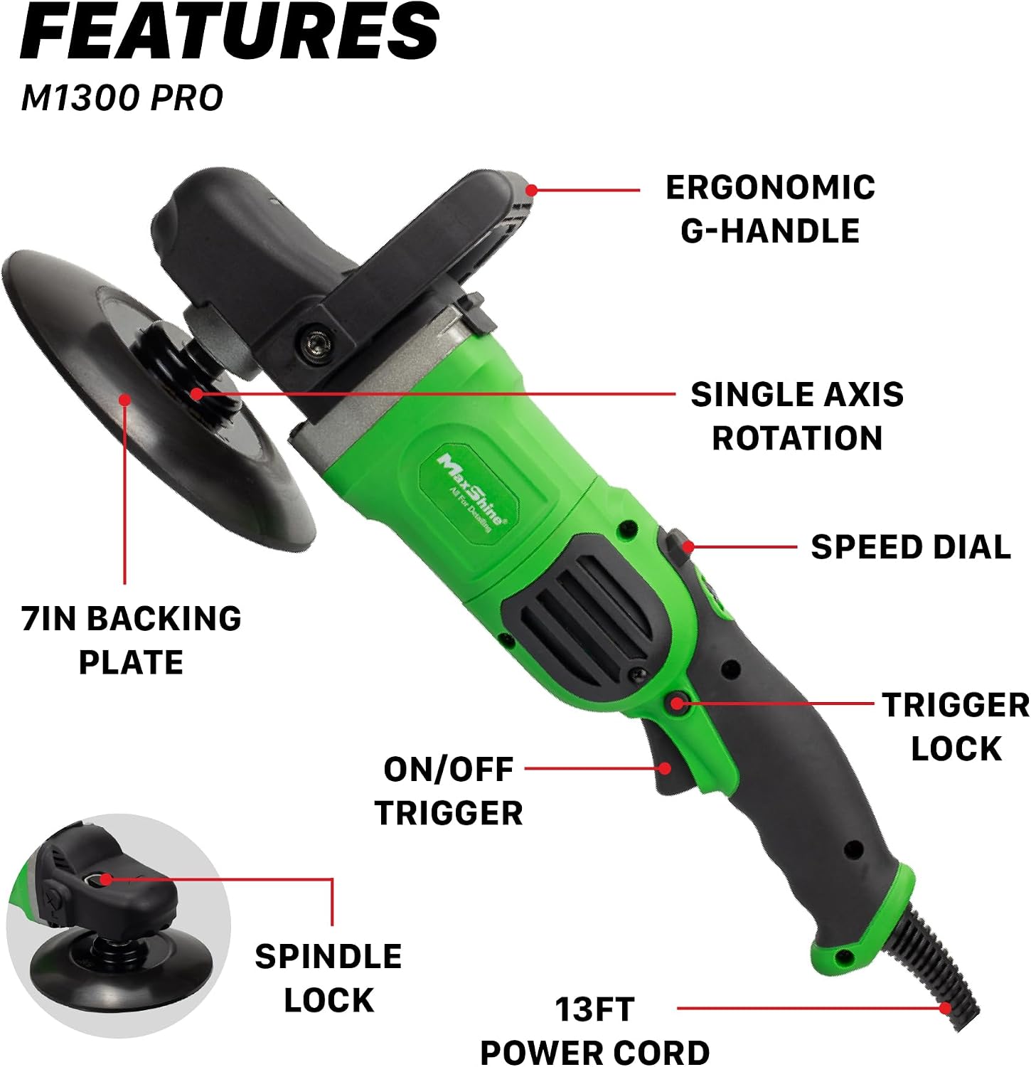 Maxshine 7' M1300 Pro Rotary Polisher - 1300W, 6-Speed, 5/8' Thread - Auto Detailing Tool for Paint Protection, Swirl & Scratch Repair, Buffing, Glossy Shine - Ideal for Cars, Trucks, SUVs