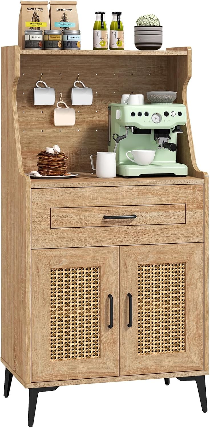 LDAILY Kitchen Pantry Cabinet, Rattan Buffet Cabinet with Hutch, DIY Pegboard, Adjustable Shelf, Drawer, Farmhouse Sideboard Buffet Cabinet with Storage for Coffee Bar, Natural Oak