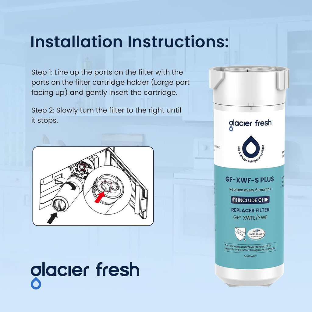 GLACIER FRESH Water Filter Compatible with XWFE (Built-in CHIP), Replacement for GE XWFE, XWF Refrigerator Water Filter NSF/ANSI 53 Certification Pack of 3