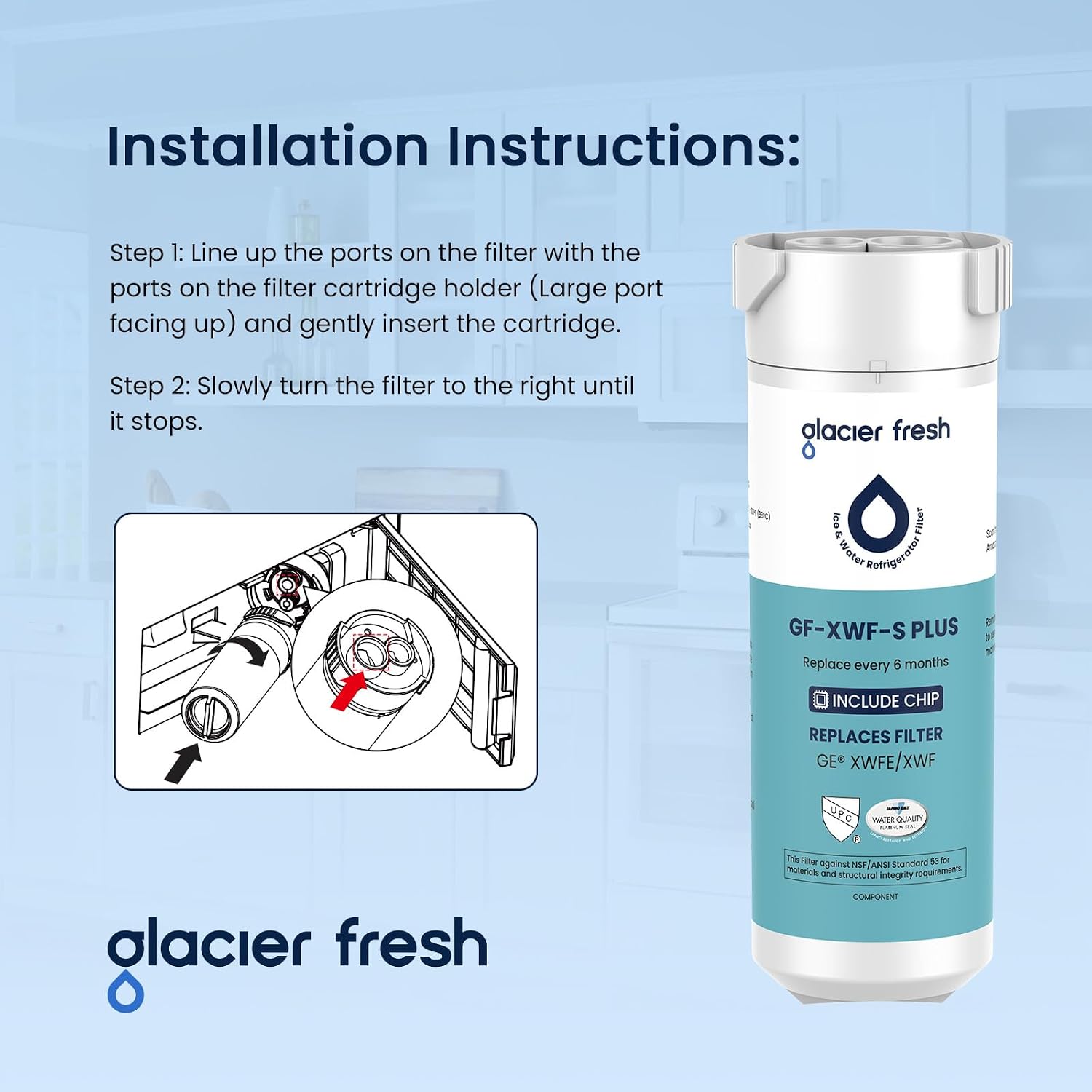 GLACIER FRESH Water Filter Compatible with XWFE (Built-in CHIP), Replacement for GE XWFE, XWF Refrigerator Water Filter NSF/ANSI 53 Certification Pack of 3