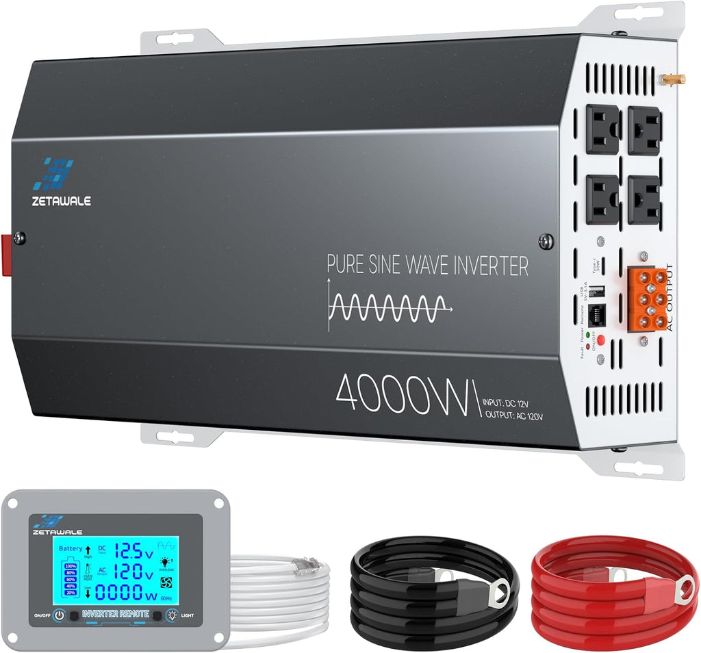 4000W Pure Sine Wave Inverter 12V DC to 110V/120V AC Converter, 8000W Peak, LCD Remote Control, 4 AC Outlets, USB & Type-C – Heavy Duty for RV, Truck, Off-Grid Solar, Home Emergency Power