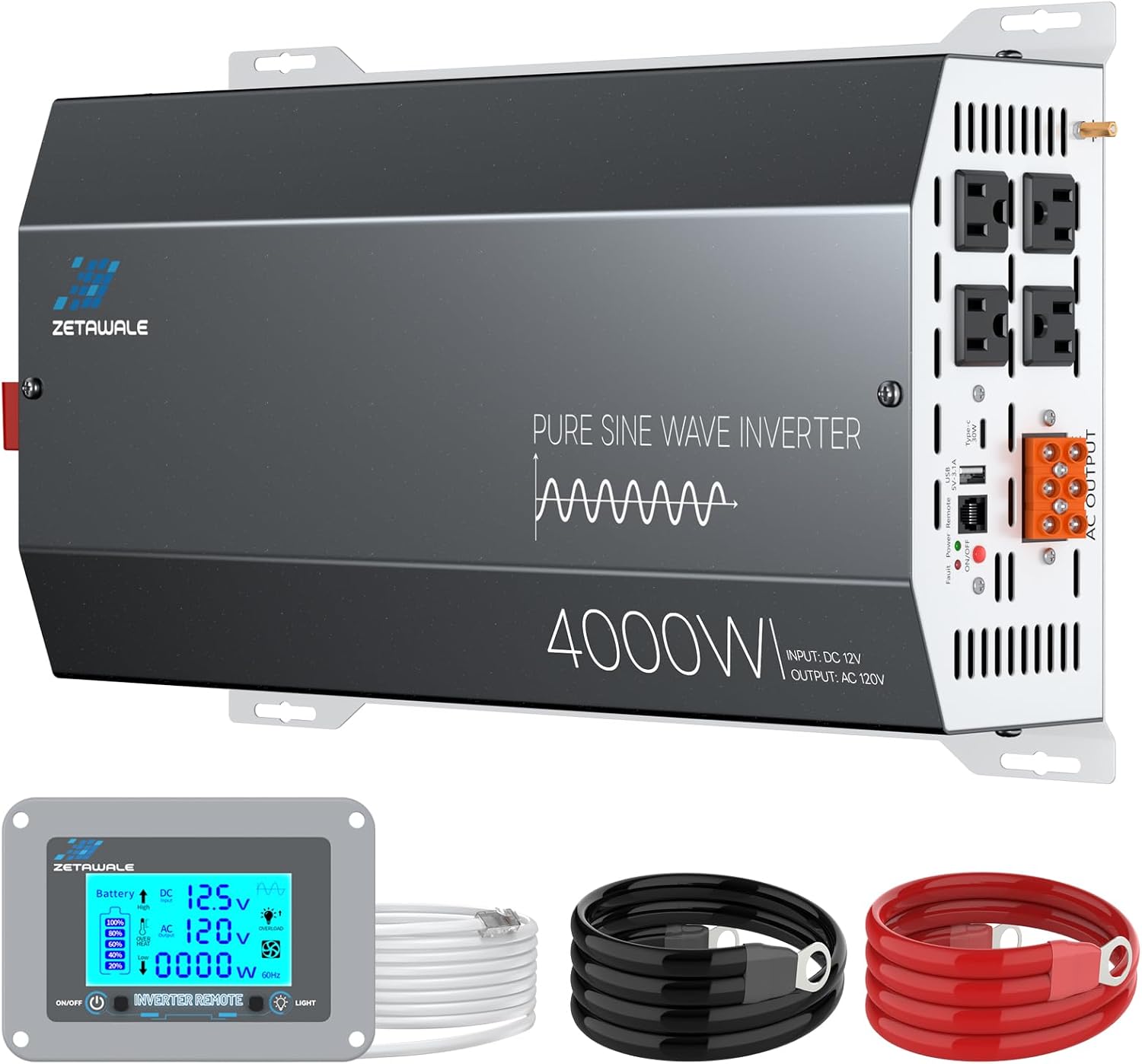 4000W Pure Sine Wave Inverter 12V DC to 110V/120V AC Converter, 8000W Peak, LCD Remote Control, 4 AC Outlets, USB & Type-C – Heavy Duty for RV, Truck, Off-Grid Solar, Home Emergency Power