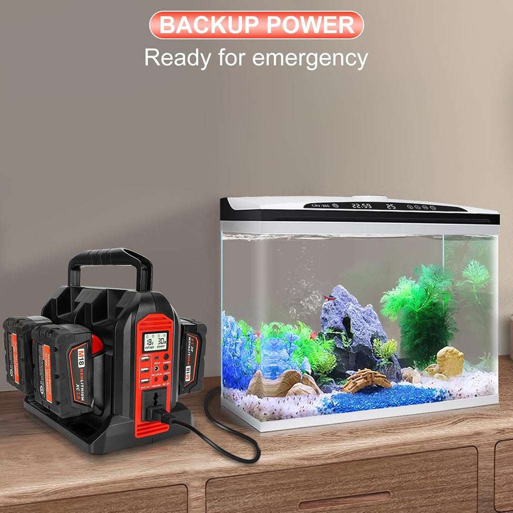 DC 18V to AC 120V Power Inverter Compatible with Milwaukee M18 18V Battery, 350W Pure Sine Wave Portable Power Inverter Converter with LCD Display and LED Light, 4 Battery Port
