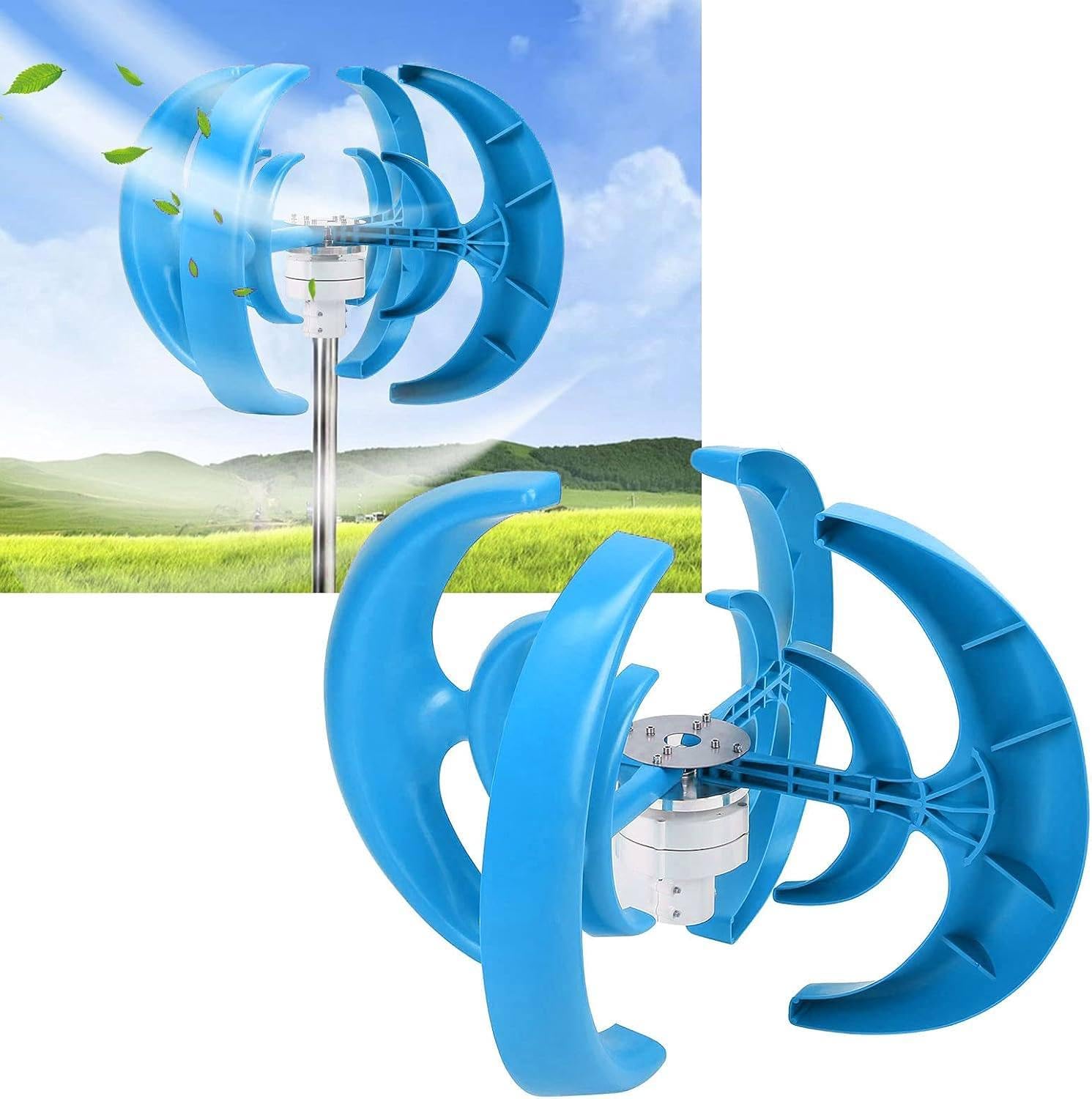 1000W Wind Turbine Generator Kit 12V 24V No Cost Energy Windmill Vertical Axis Wind Turbine Generator Home Three Phase Generator Maglev Breeze Start,12V-Blue