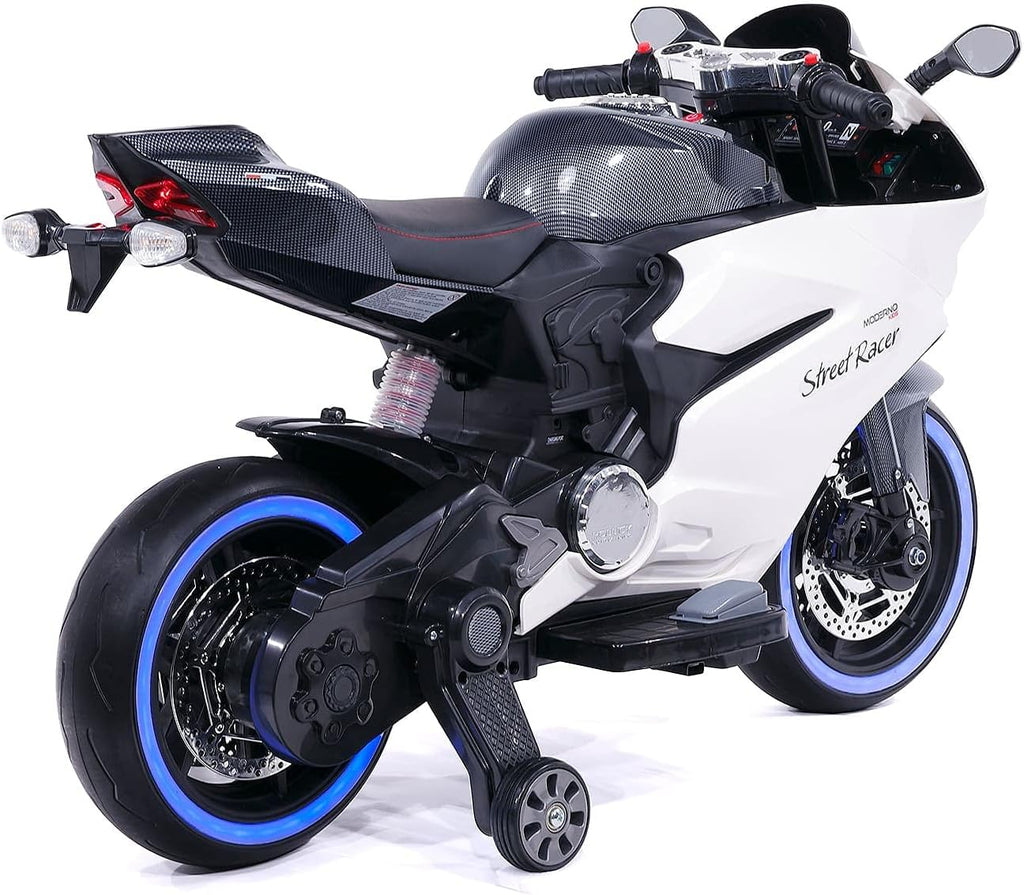 Moderno Kids Street Racer 12V Battery Power Electric Children Ride-On Motorcycle Bike + EVA Foam Rubber Tires + Leather Seat + MP3 USB Music Player + LED Lights + Training Wheels