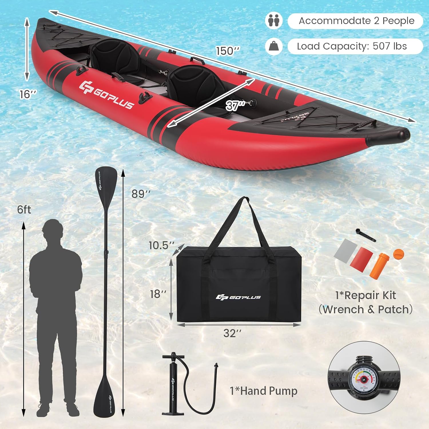 Goplus Tandem Inflatable Kayak, 12.5FT 2-Person Kayak for Adults w/507 LBS Weight Capacity, 2 Aluminium Oars, Padded Seat, 2 Fins, Hand Pump, Carry Bag, Repair Kit, Portable Touring Kayaks
