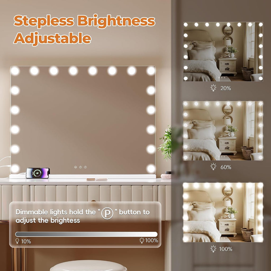 ZL ZELing Vanity Mirror Makeup Mirror with Lights,31.49' x 23.62'Large Tabletop Light up Mirror with 18Bulbs,10X Magnification,USB Charging Port,3 Color Touch Control Dimmable Lights.