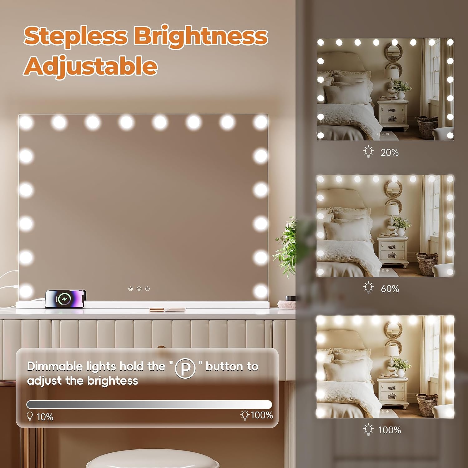ZL ZELing Vanity Mirror Makeup Mirror with Lights,31.49' x 23.62'Large Tabletop Light up Mirror with 18Bulbs,10X Magnification,USB Charging Port,3 Color Touch Control Dimmable Lights.