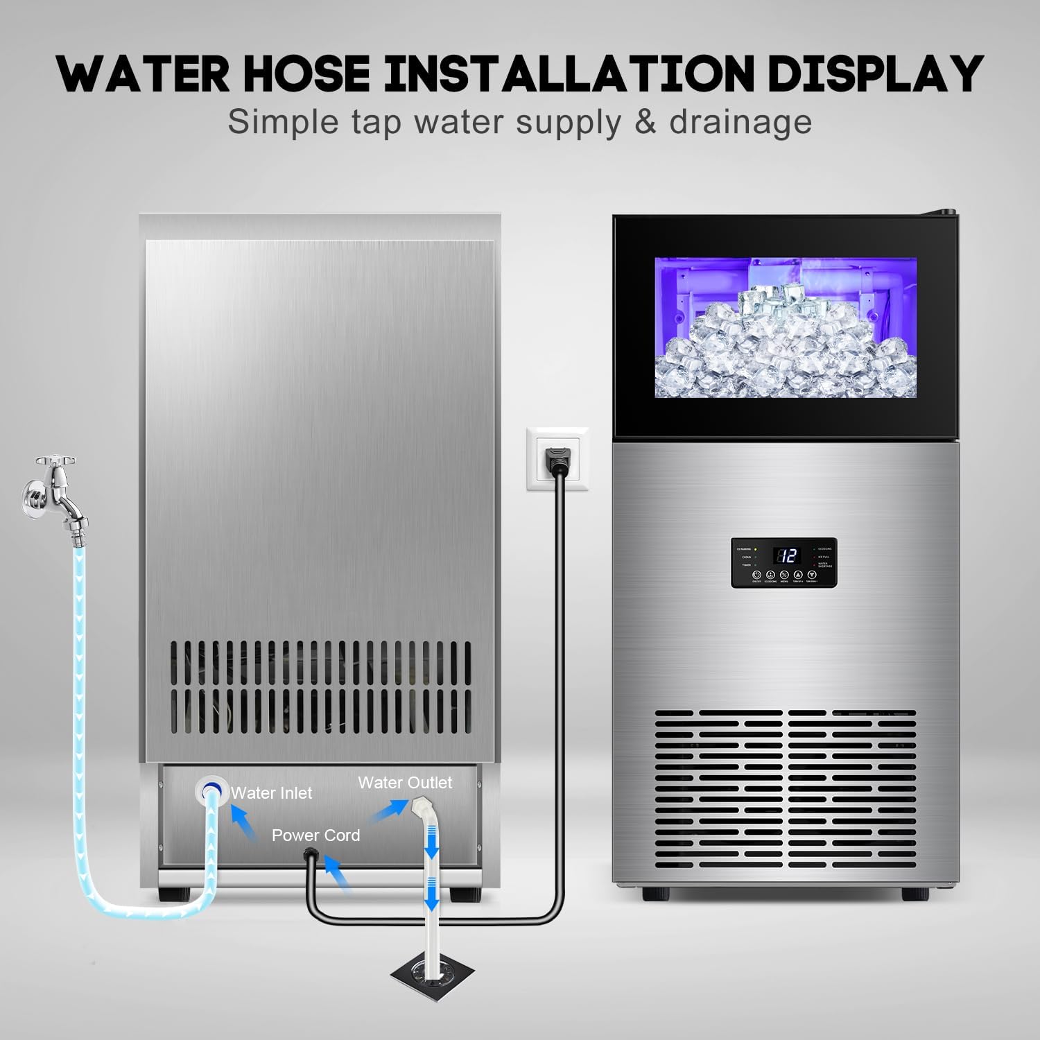 Commercial Ice Maker Machine 130LBS/24H with 35LBS Storage Bin, Stainless Steel Undercounter/Freestanding Ice Cube Maker for Home Bar Outdoor, Automatic Operation, Include Scoop, Connection Hose