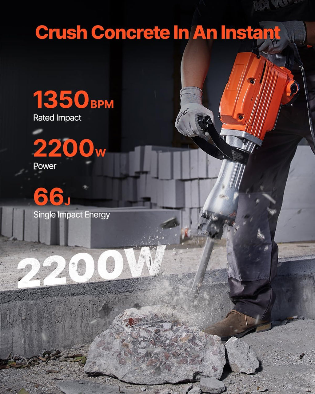 VEVOR Demolition Jack Hammer, MAX 2200W Electric Jackhammer Heavy Duty, 1350 BPM Concrete Breaker 6pcs Chisels Bit Chipping W/Case