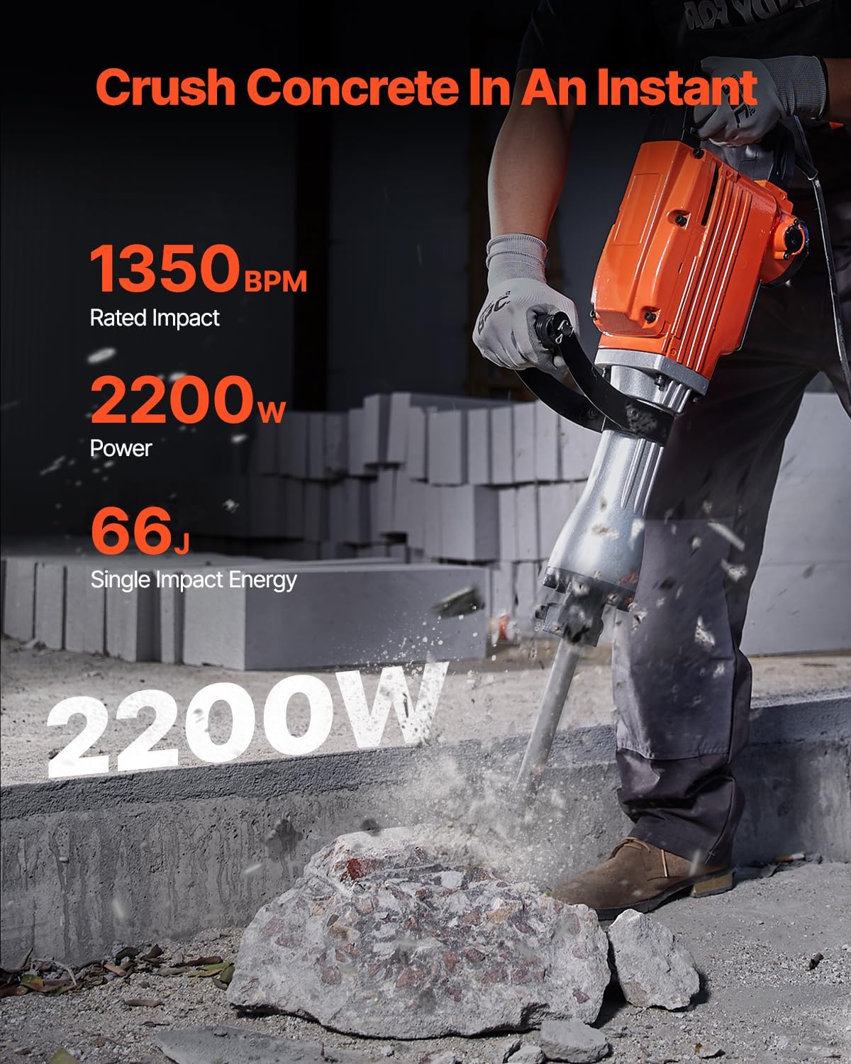 VEVOR Demolition Jack Hammer, MAX 2200W Electric Jackhammer Heavy Duty, 1350 BPM Concrete Breaker 6pcs Chisels Bit Chipping W/Case