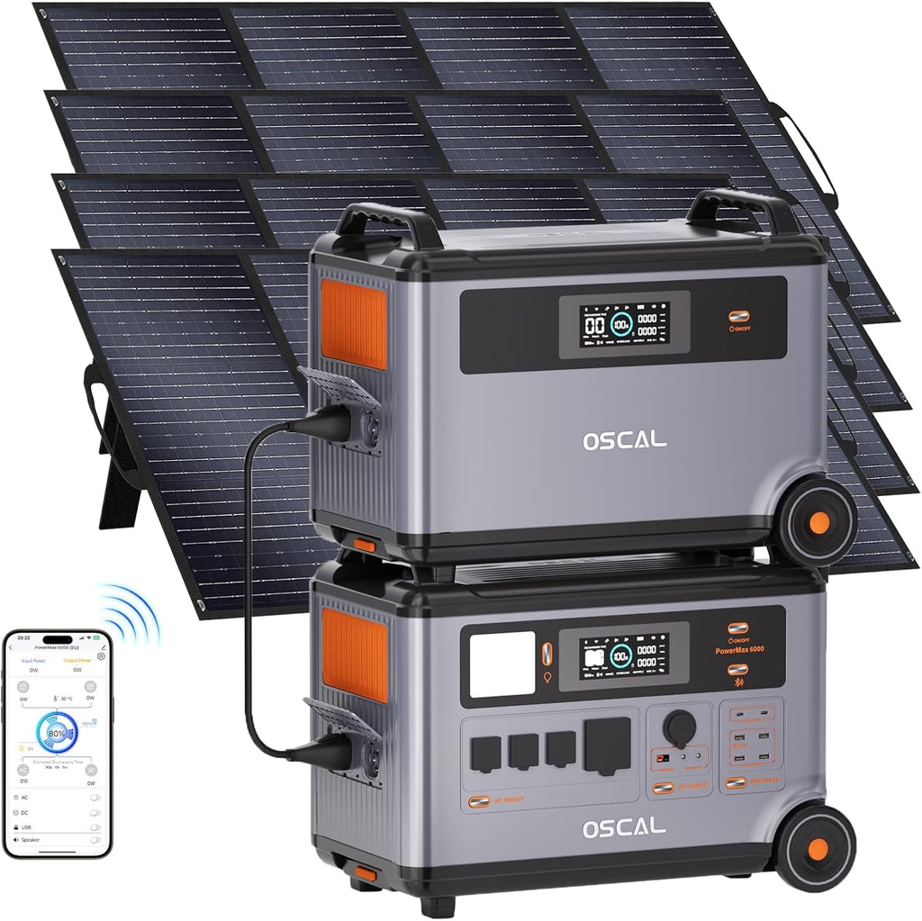 OSCAL 6000W(9000W Peak) Portable Solar Power Station with 4 * 400W Solar Panels, 3600Wh LiFePO4 Battery with 3600Wh Expansion Battery Pack, 2400W Solar Charging Generator for Camping, Home, Emergency