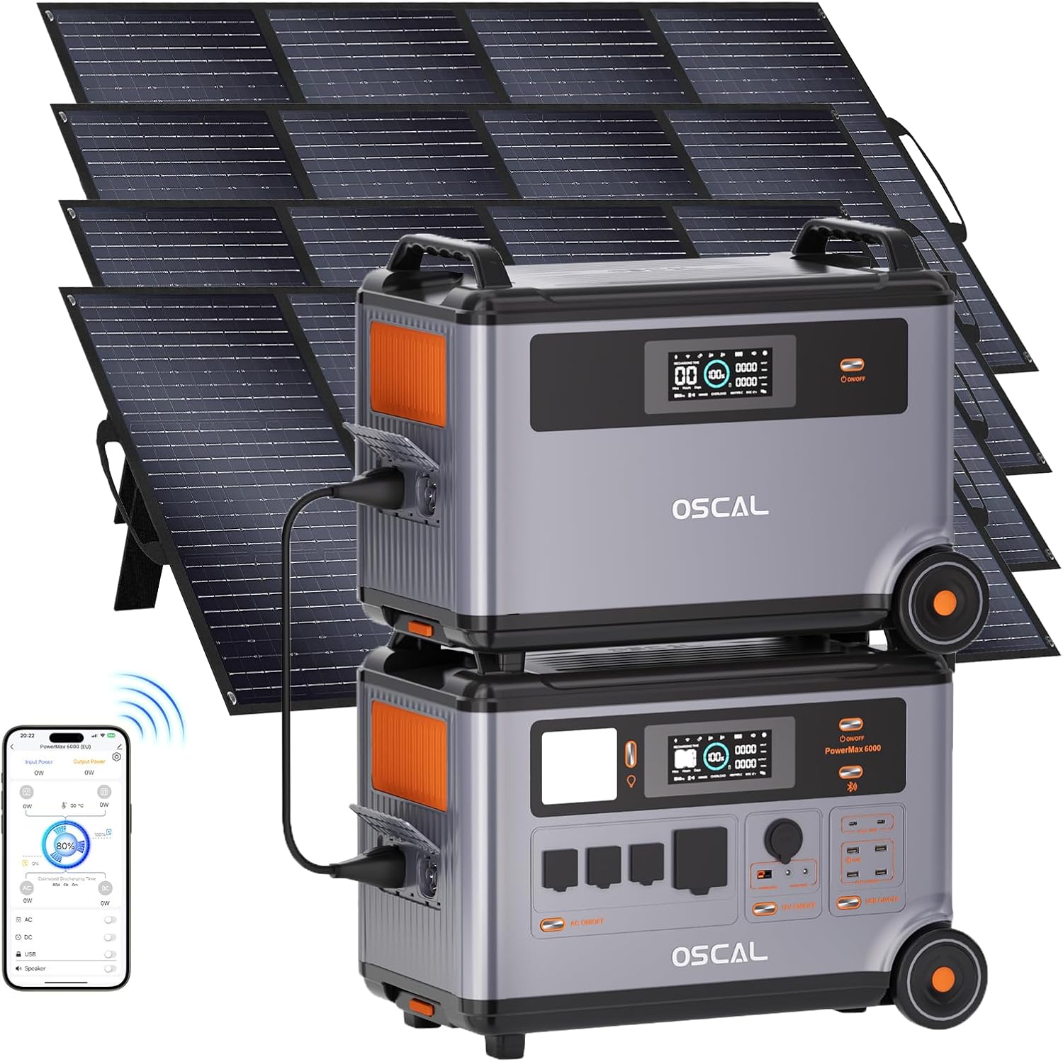 OSCAL 6000W(9000W Peak) Portable Solar Power Station with 4 * 400W Solar Panels, 3600Wh LiFePO4 Battery with 3600Wh Expansion Battery Pack, 2400W Solar Charging Generator for Camping, Home, Emergency