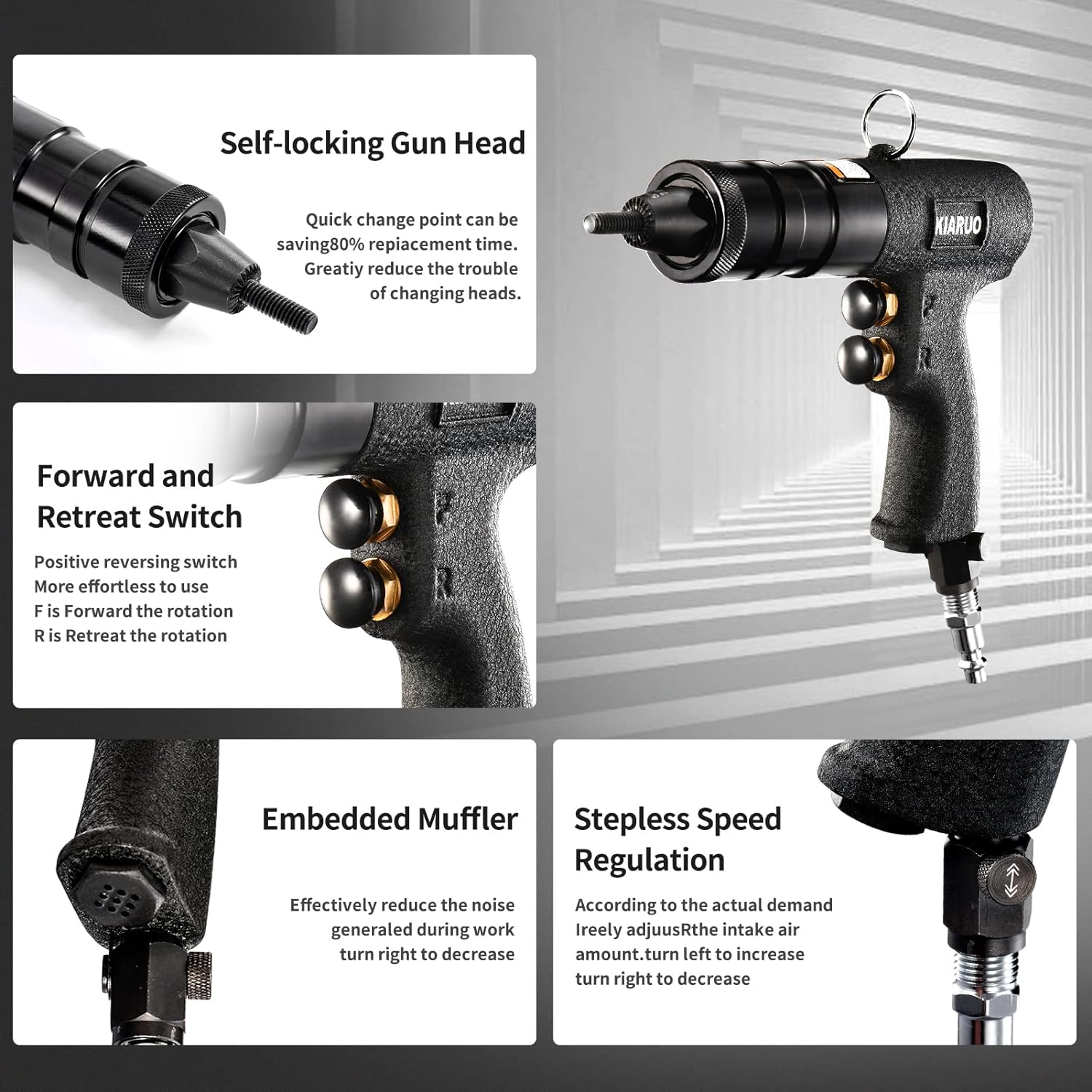 Pneumatic Rivet Nut Gun with Self-locking Head Gun 1/4 & 5/16 & 3/8 Mandrels,Industrial Grade Adjustable Speed Pull Rivnut Gun Model:LM07 Button Switch