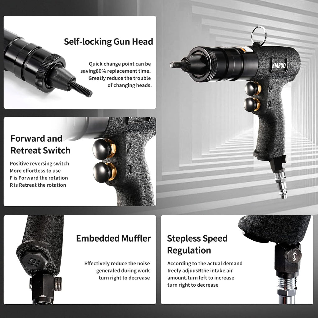 Pneumatic Rivet Nut Gun 8-32,10-24,1/4-20 with Replacement Mandrels, RPM 1500 Industrial Grade Pull Rivnut Gun MODEI:LM08 Button Switch