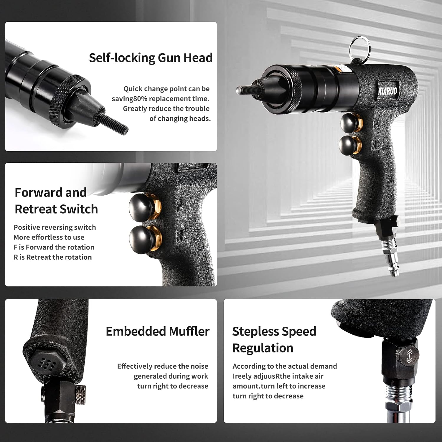 Pneumatic Rivet Nut Gun 8-32,10-24,1/4-20 with Replacement Mandrels, RPM 1500 Industrial Grade Pull Rivnut Gun MODEI:LM08 Button Switch