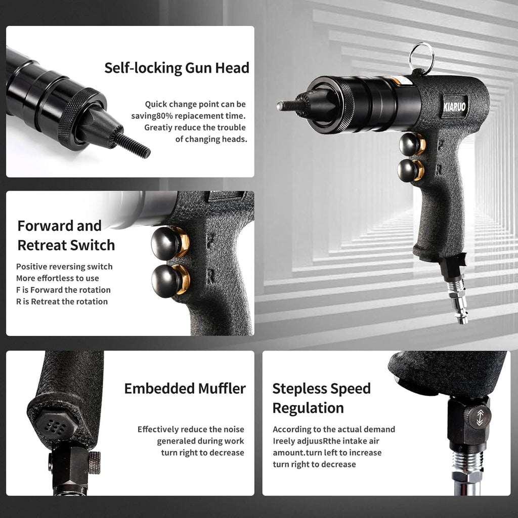 Pneumatic Rivet Nut Gun M6 M8 M10 Metric with Self-locking Head Gun,Industrial Grade Adjustable Speed Pull Rivnut Gun Model:LM07 Button Switch