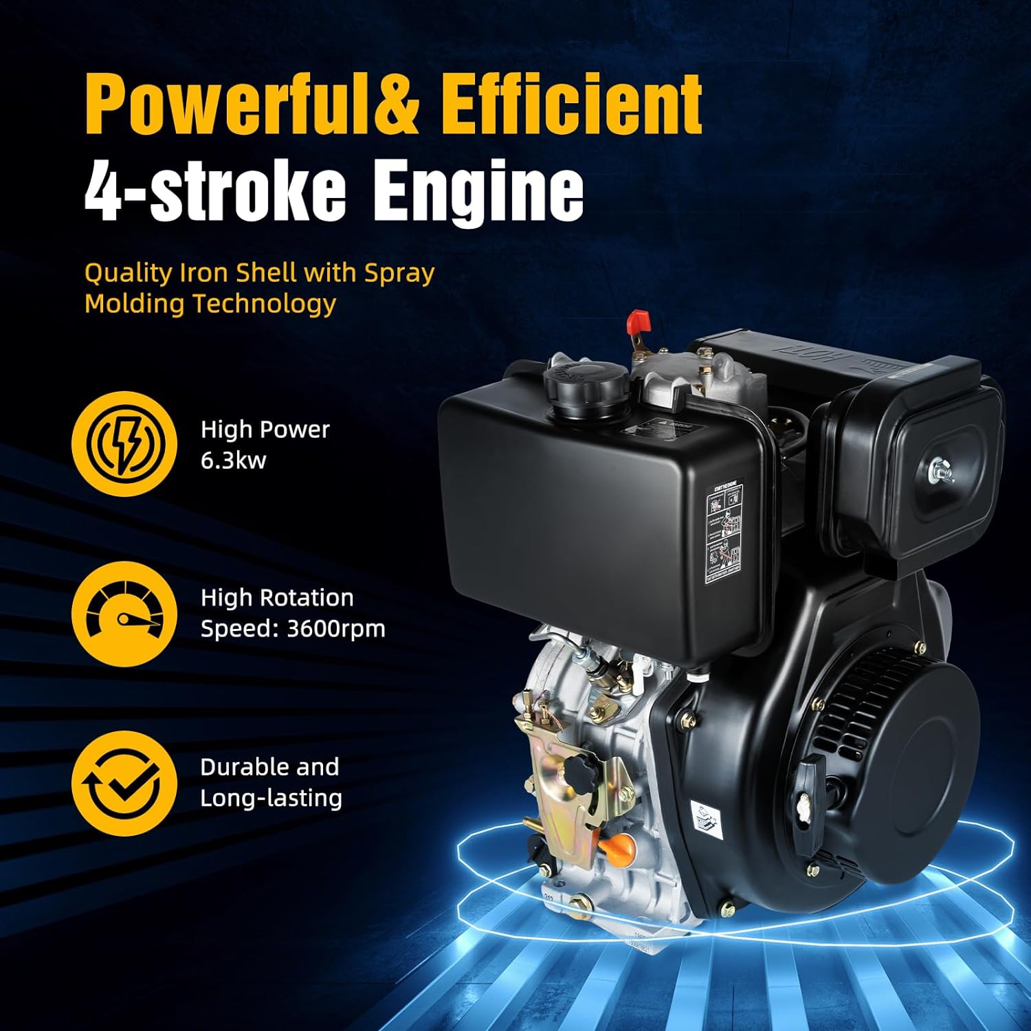 Diesel Engine, 4-Stroke 10hp 418cc Diesel Motor, 6.3kw 3600rpm Vertical Horizontal Shaft Diesel Tiller Motor, w/Recoil Manual Start&Air-Cooled, for Micro-tillers, Drainage, Irrigator, 186FA, Black