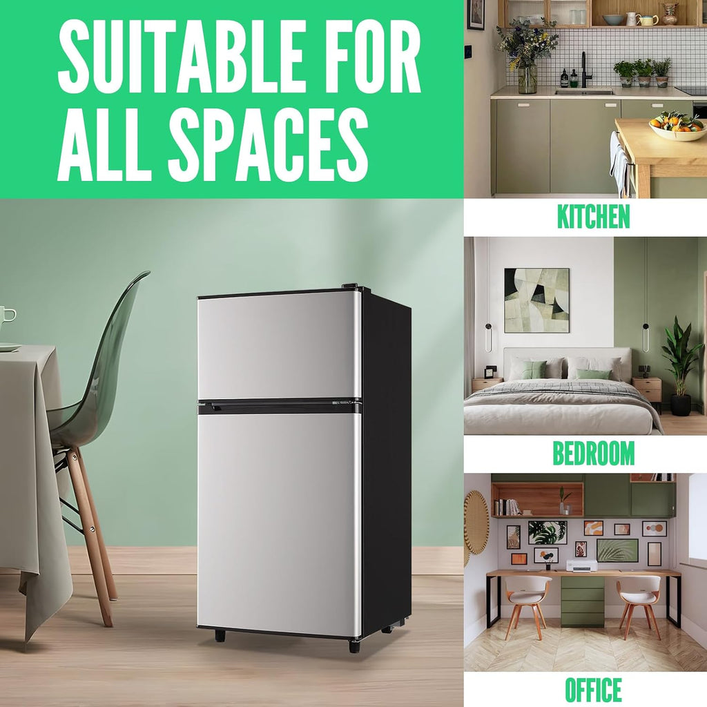 WANAI 2 Door Small Refrigerator with Freezer-on-top, Spacious Capacity Mini Fridge with 7-Level Adjustable Thermostat & 2 Removable Shelves Silver