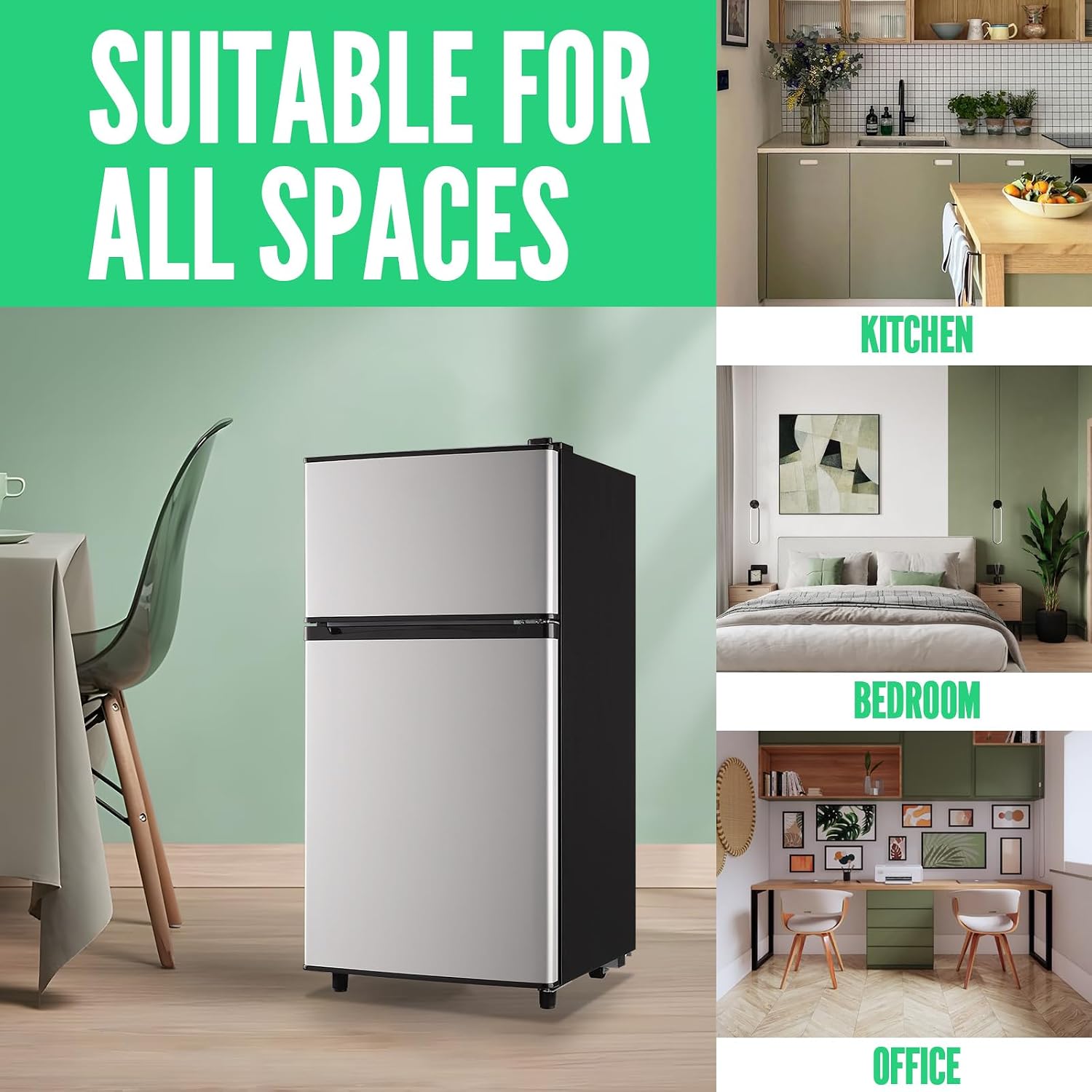 WANAI 2 Door Small Refrigerator with Freezer-on-top, Spacious Capacity Mini Fridge with 7-Level Adjustable Thermostat & 2 Removable Shelves Silver