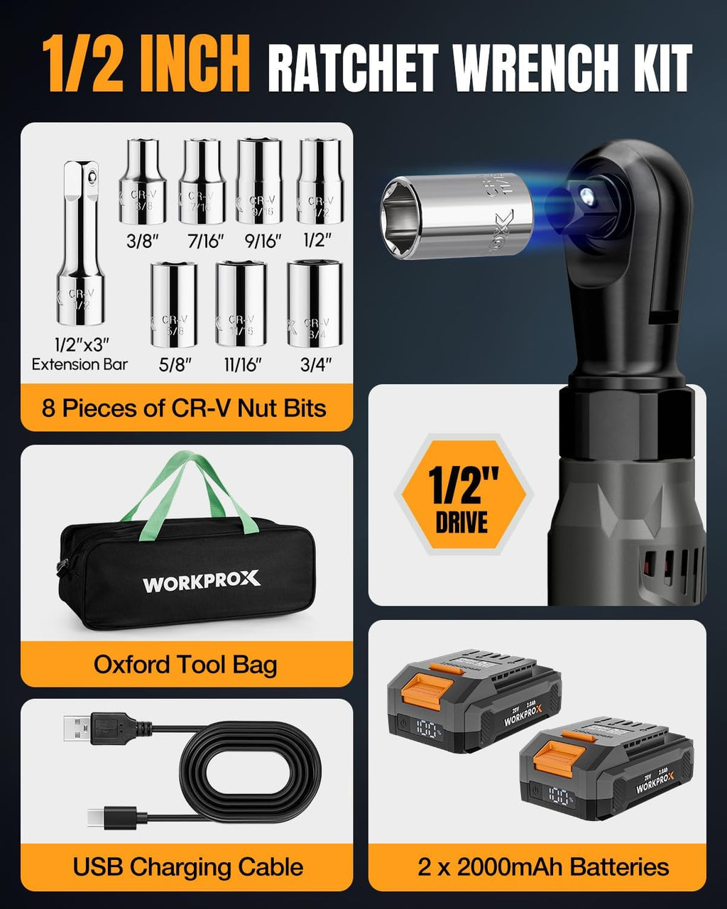 WORKPROX Electric Ratchet Wrench 1/2' Set, 20V Cordless Ratchet Wrench Kit, 74Ft-lbs, 250RPM, Battery Powered Ratchet with LED Light, 2-Pack 2000mAh Batteries, 7 Sockets & 3' Extension Bar