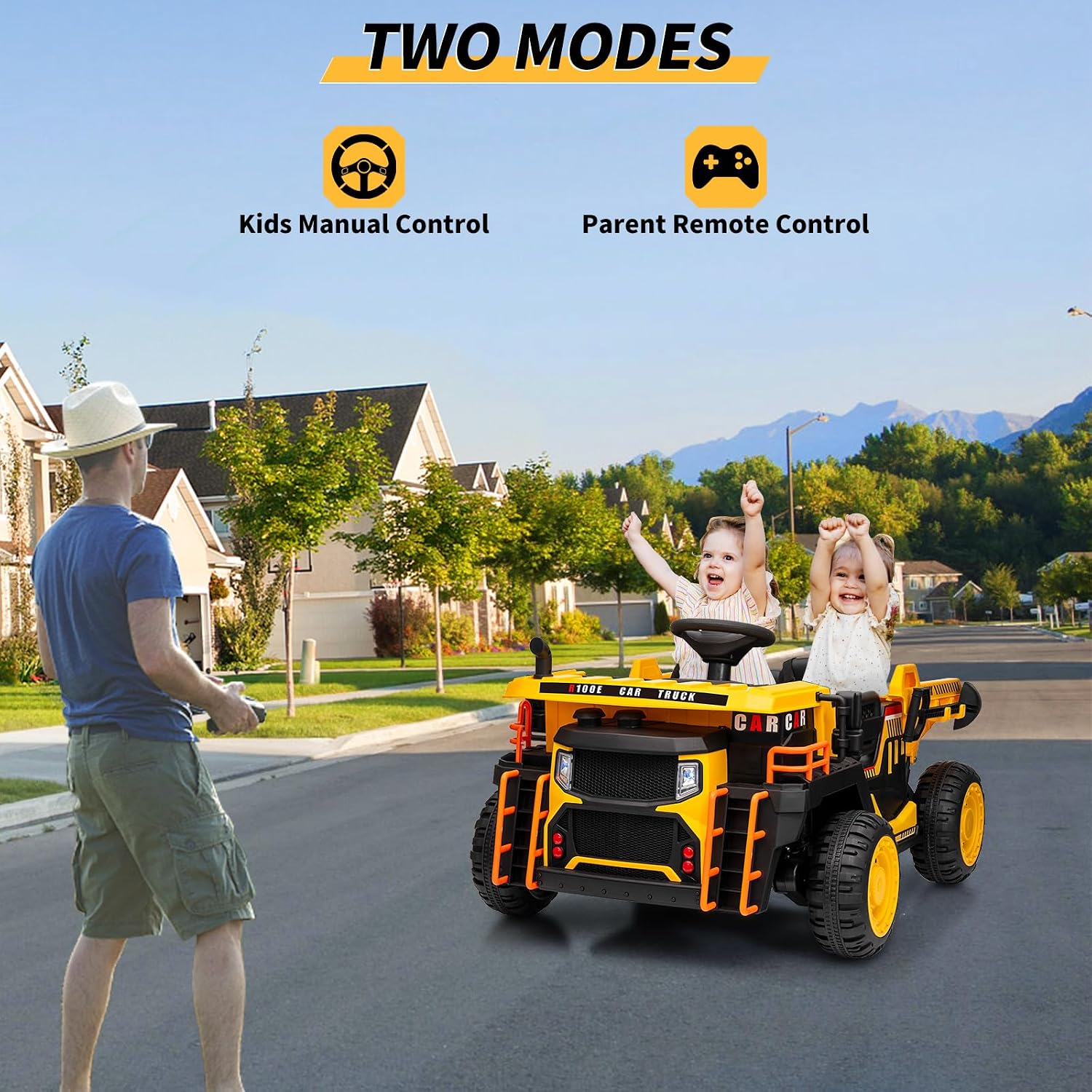 24V Kids Ride On Dump Truck with R/C, 2 Seater Electric Car - 2WD/4WD Powerful Motors, 4.4 Mph, Electric Dump Bed & Shovel, EVA Tires, Music Player, Soft Start, 19' Spacious Seat (Yellow)