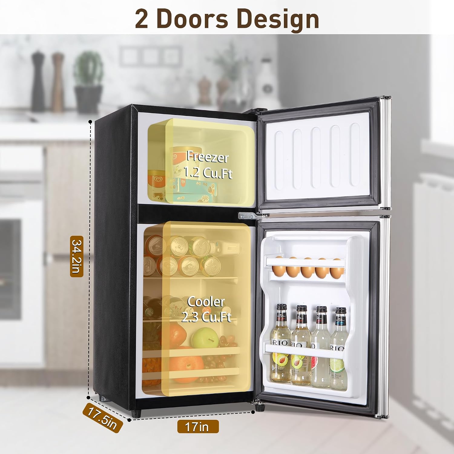 Mini Refrigerator with Freezer, 3.5 Cu. Ft. Small Fridge with Freezer 2 Door Mini Fridge with 7-Level Adjustable Thermostat Removable Shelves, Compact Refrigerator for Office/Dorm/College/RV, Silver