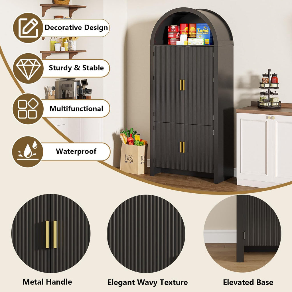 Arched Cabinet, 71' Tall Arched Kitchen Pantry Storage Cabinet with Doors, Modern Fluted Kitchen Storage Cabinet with Adjustable Shelves, Black Cupboard for Kitchen, Dining Room, Bathroom