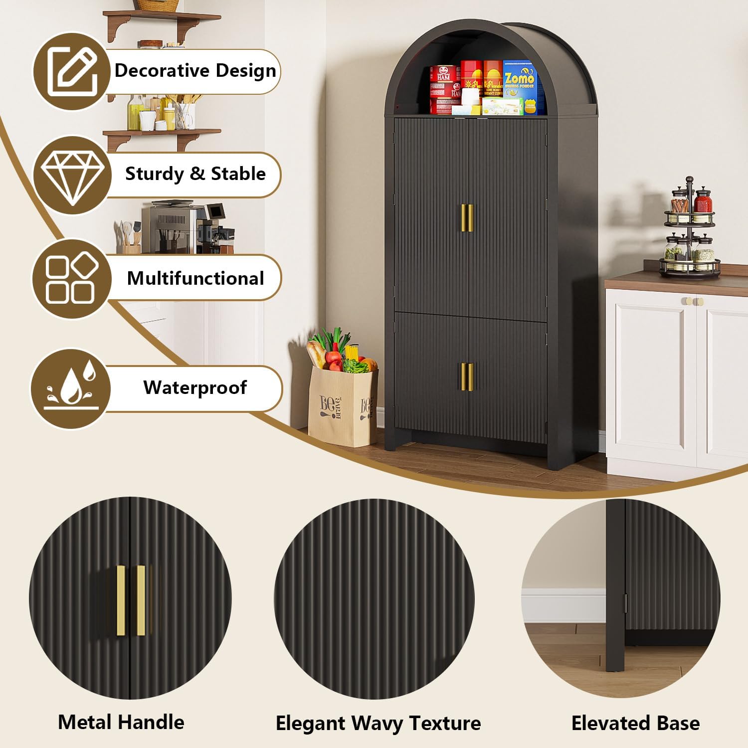 Arched Cabinet, 71' Tall Arched Kitchen Pantry Storage Cabinet with Doors, Modern Fluted Kitchen Storage Cabinet with Adjustable Shelves, Black Cupboard for Kitchen, Dining Room, Bathroom