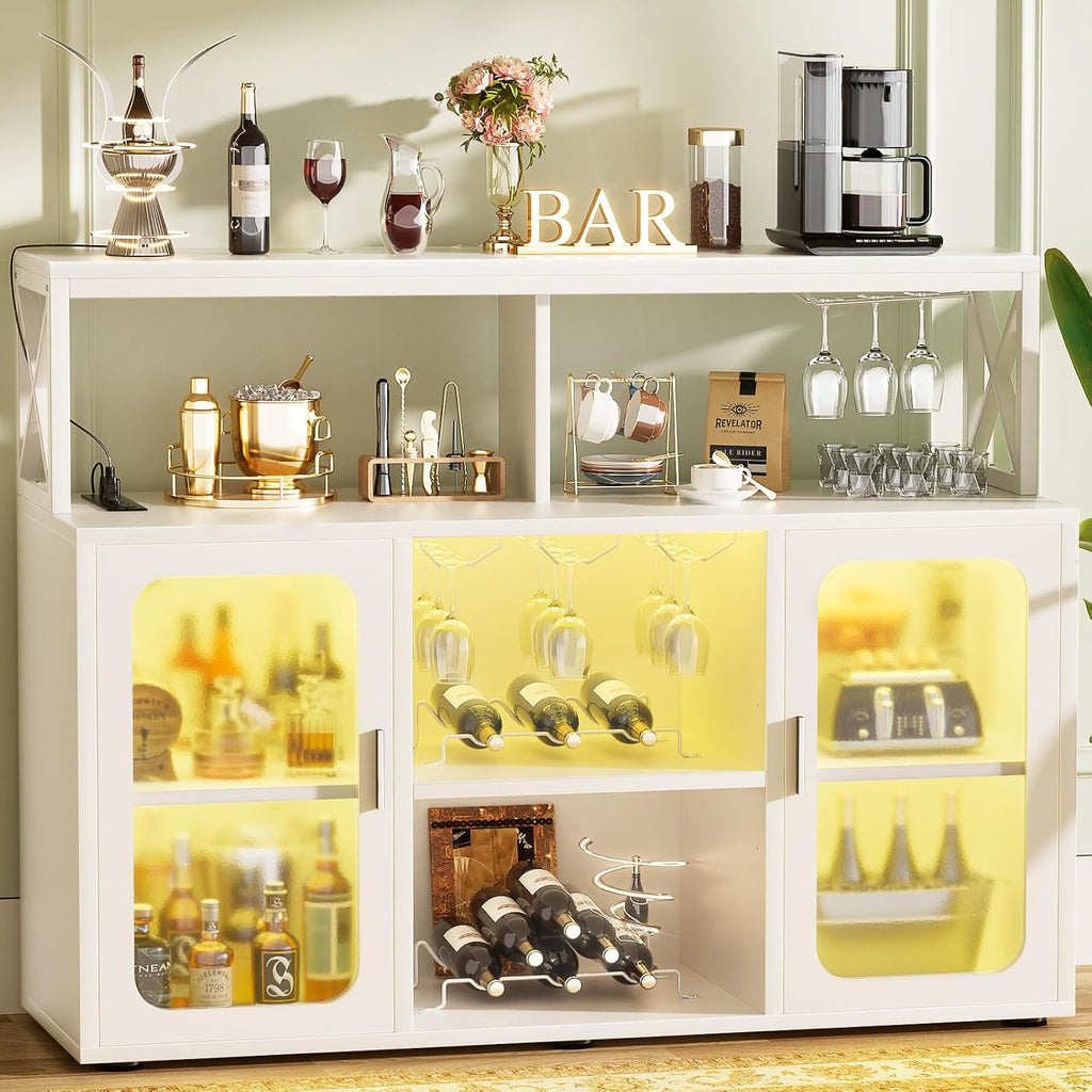 Aheaplus Bar Cabinet with Power Outlet, Liquor Cabinet with Led Lights and Glass Holders, Storage Buffet Cabinet Coffee Bar Cabinet for Liquor, Wine Cabinet with Racks for Home, Kitchen,-G2, White