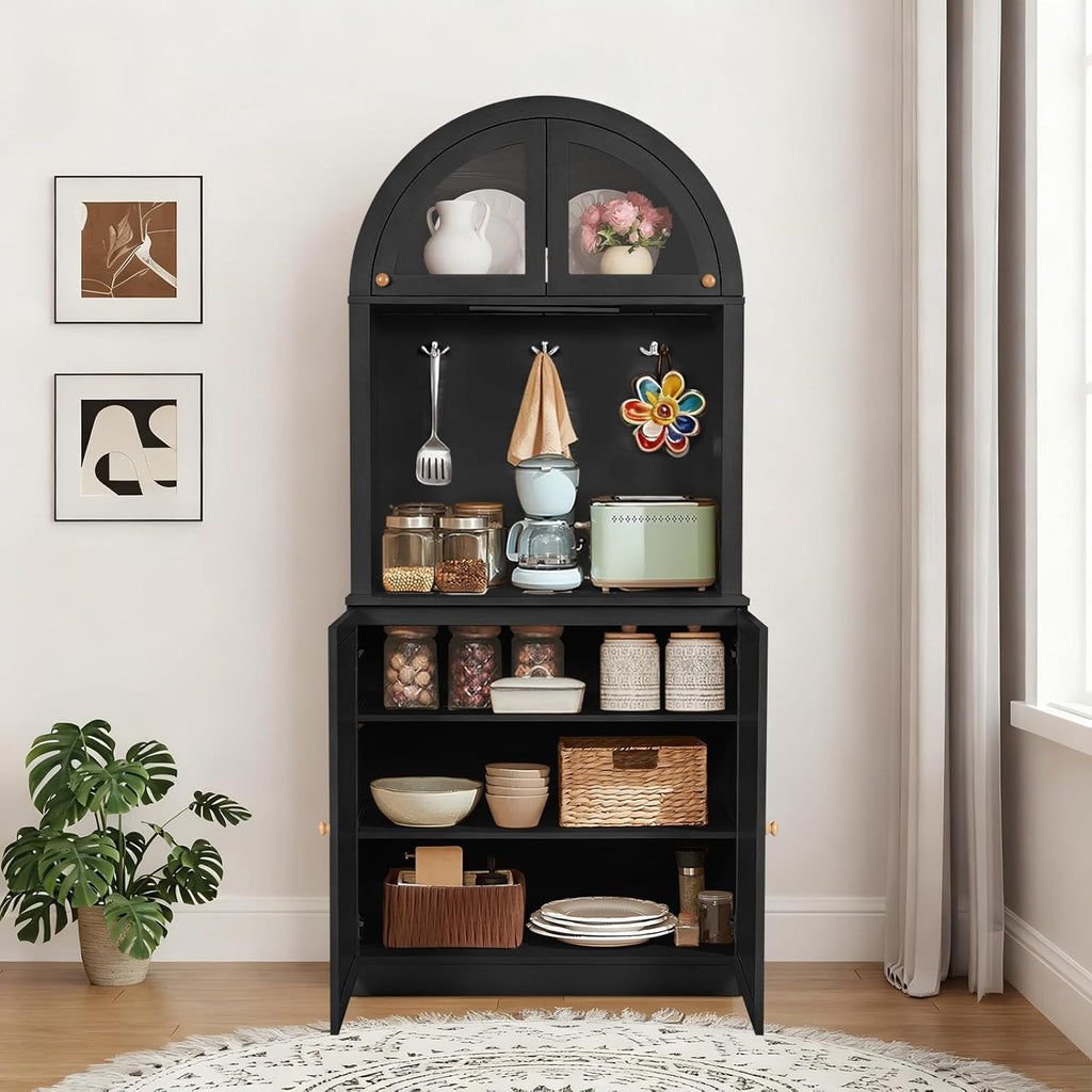 71' Farmhouse Arched Buffet Cupboard with Adjustable Shelves & Glass Door | Sturdy Engineered Wood, Acrylic Glass, Durable, Moisture-Resistant, Easy Assembly, for Dining Room, Bathroom, Living Room
