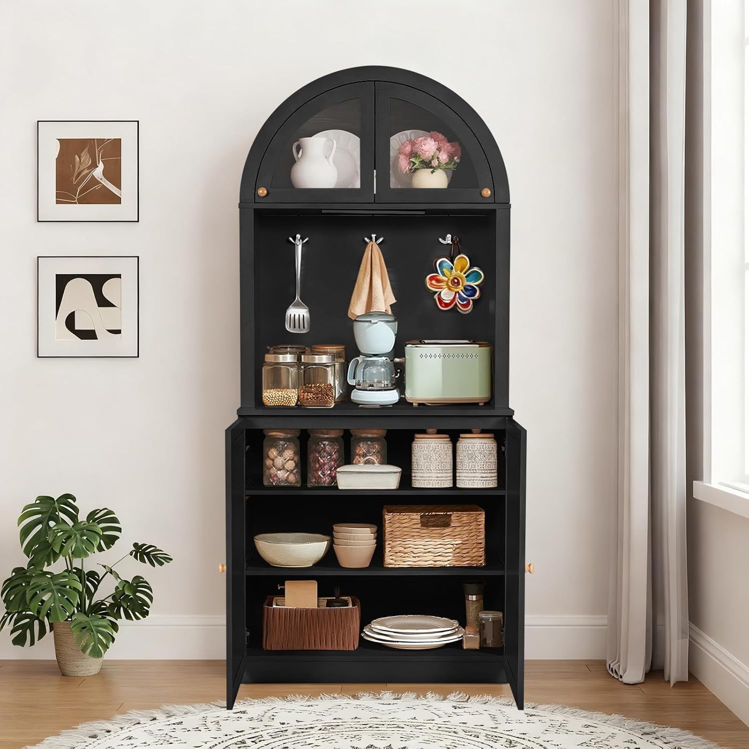 71' Farmhouse Arched Buffet Cupboard with Adjustable Shelves & Glass Door | Sturdy Engineered Wood, Acrylic Glass, Durable, Moisture-Resistant, Easy Assembly, for Dining Room, Bathroom, Living Room