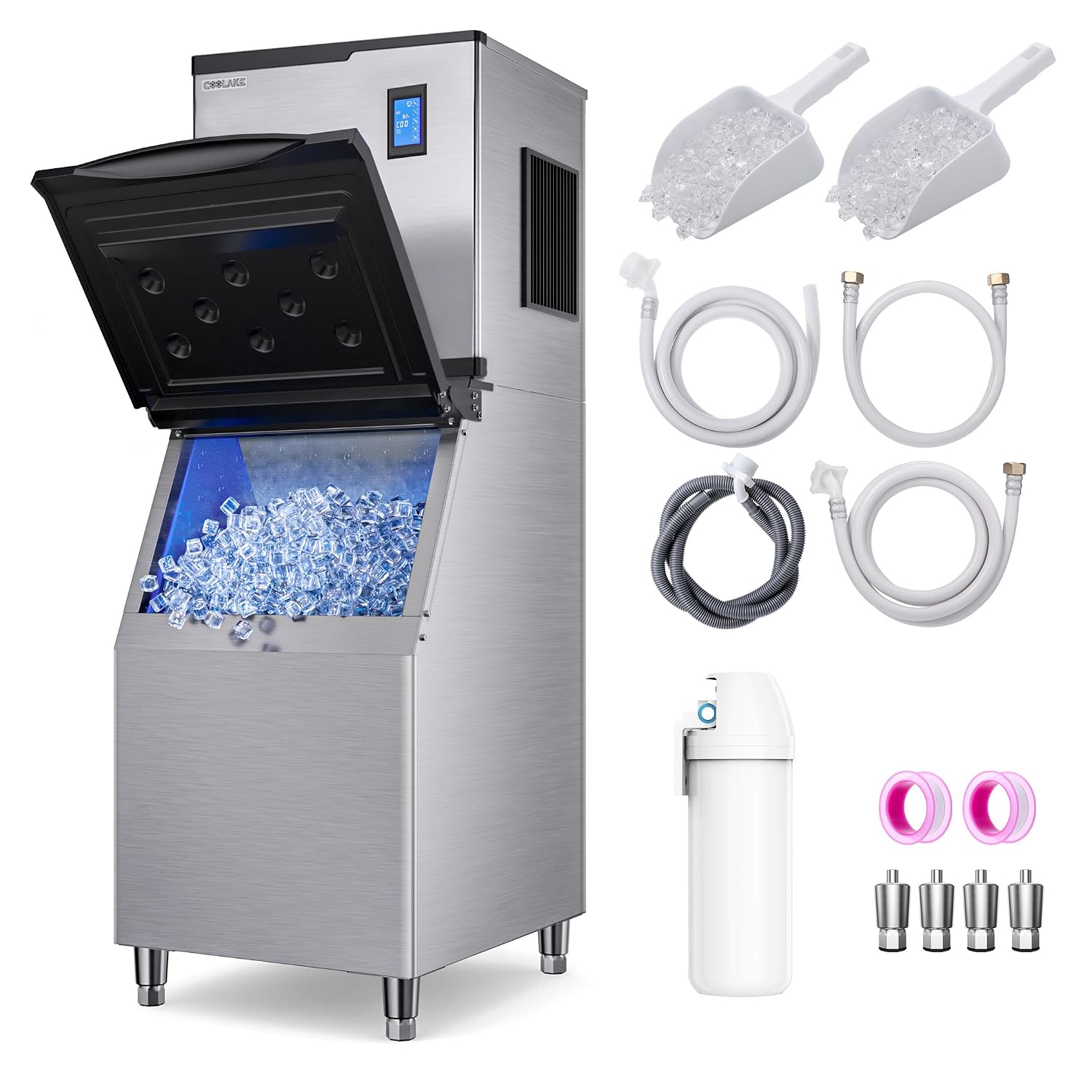 Coolake Commercial Ice Maker Machine 550lbs/24H with 360lbs Storage, 22' Air Cooled Stainless Steel Industrial Ice Machine, Filter Reduce Water Scale up to 99% for Restaurant Hotel, DOE ETL Listed