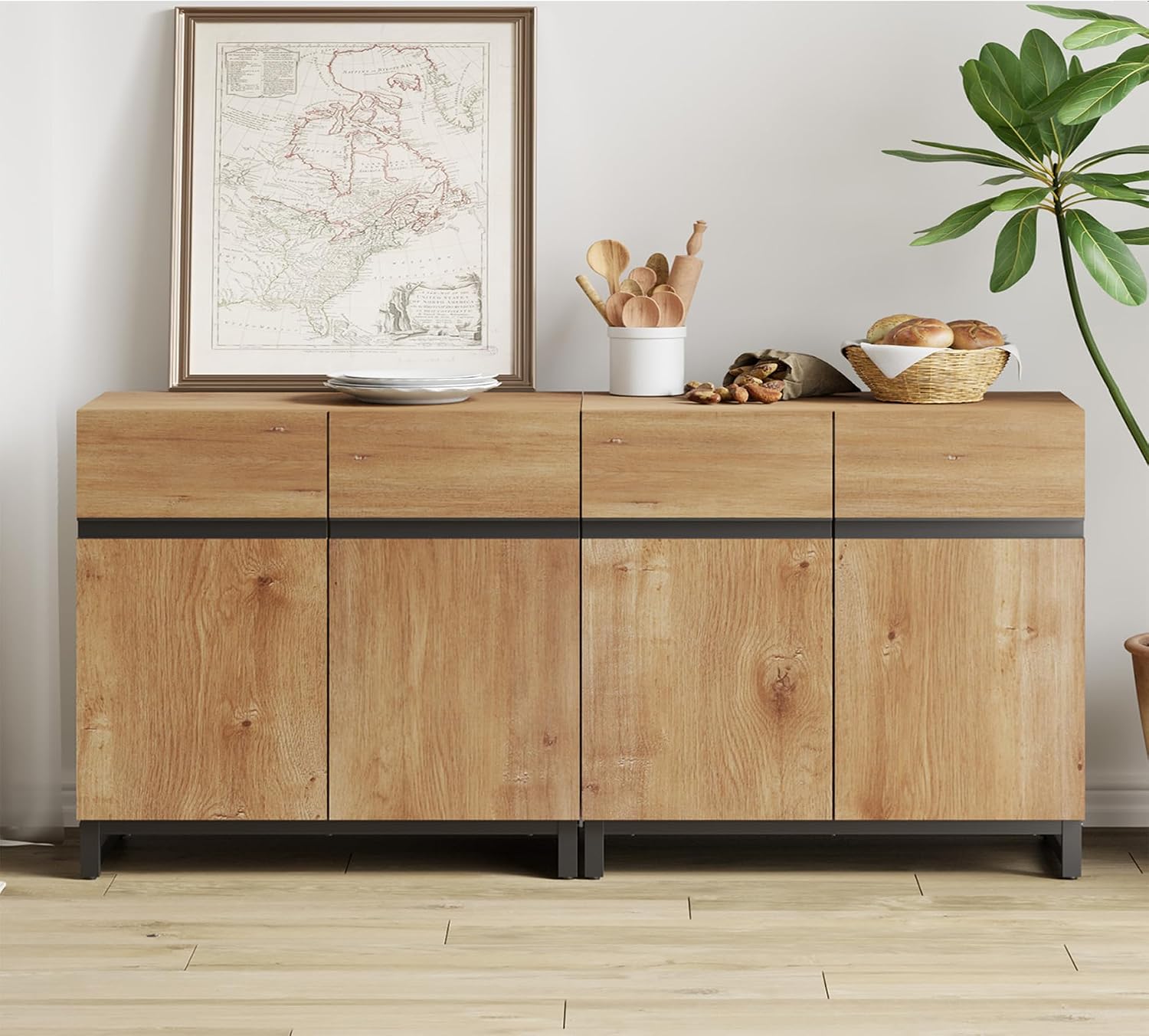 WAMPAT 2 in 1 Multifunctional Sideboard Buffet Cabinets, Modern Sideboard with Adjustable Shelf and Metal Base, Coffee Bar Cabinet Storage Cabinet for Living Room, Kitchen, Oak