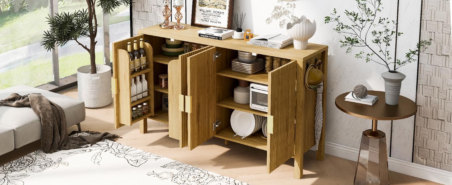 Virubi 58' Fluted Sideboard Buffet Cabinet with Storage,Doors and Adjustable Shelves,Wood Modern Modern Sideboard for Living Room,Kitchen,Entryway,Natural Wood