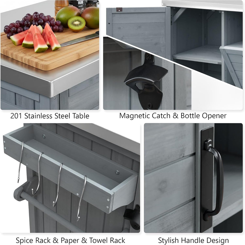 LUMISOL Outdoor Grill Cart with Stainless Steel Top, Movable Outdoor Kitchen Island with Foldable Grill Table, Rolling Kitchen Cart with Trash Can Storage, Outdoor Prep Table for Parties, Grey Blue