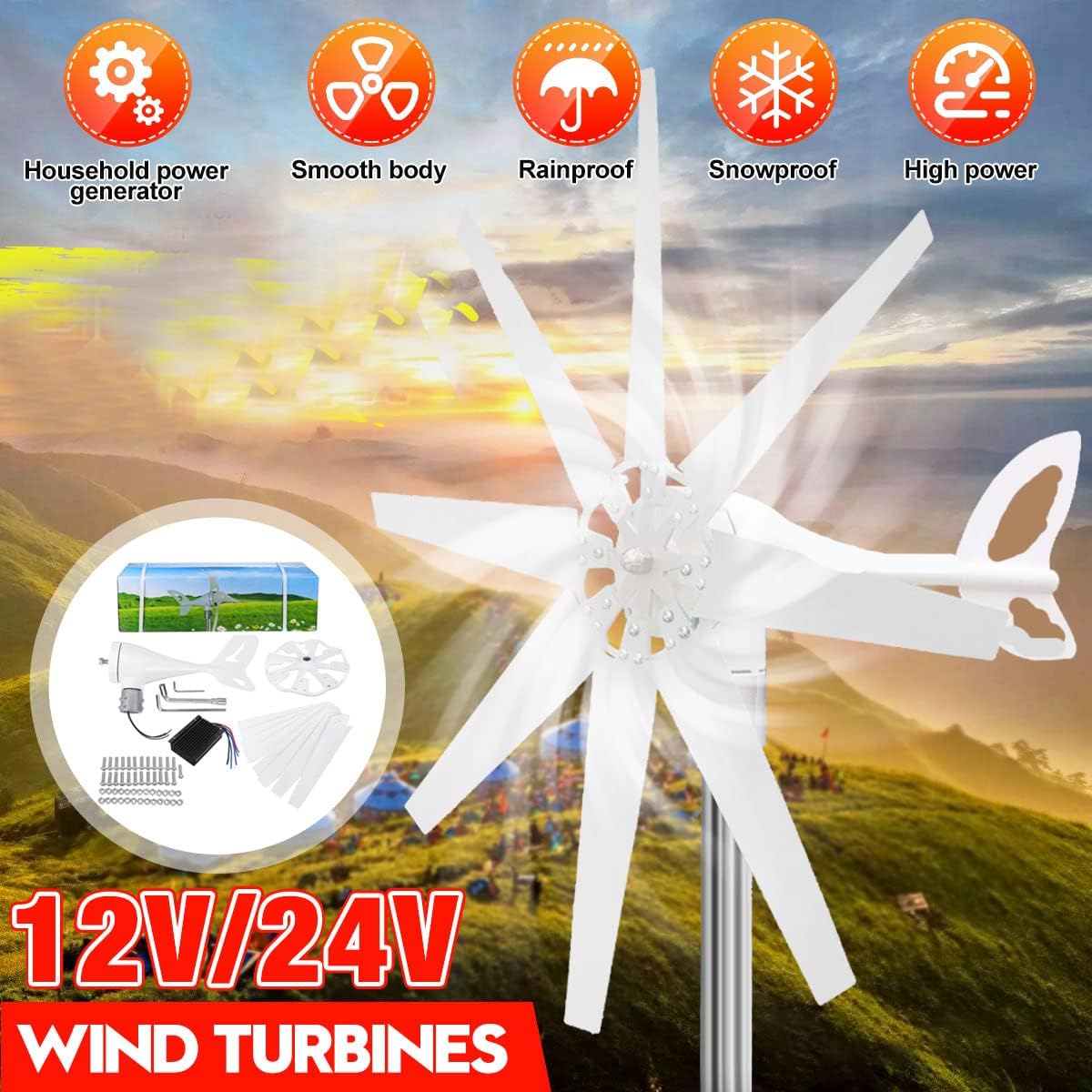 Efficient and Noiseless 1000W 8 Blades Wind Turbine Generator, 12V 24V 48V Wind Power with Controller for Home Outdoor Camping Use (White),220v
