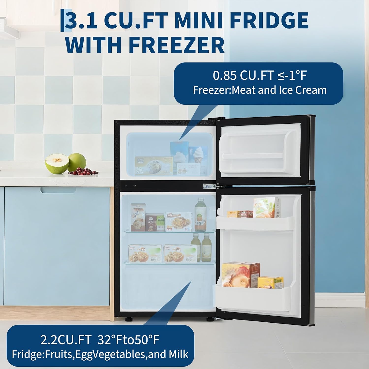 IDEALHOUSE Double Door Mini Fridge with Freezer, 3.1 Cu.Ft - Stainless Steel Compact Refrigerator, Adjustable Thermostat, Removable Glass Shelves for Small Spaces, Dorm, Apartment