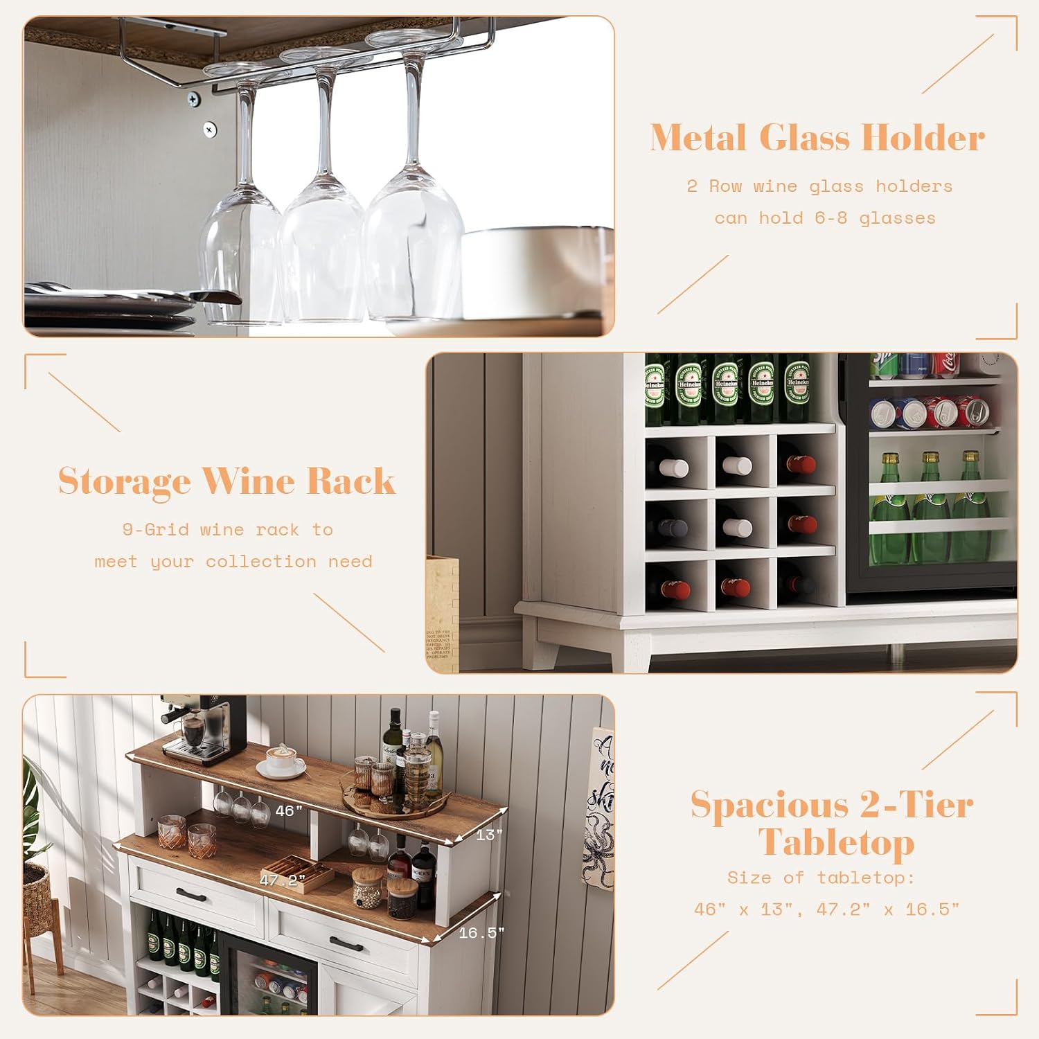 AMERLIFE 47' Farmhouse Coffee Bar Cabinet with 15' Refrigerator & Wine Rack & Glass Holder, Wine Cabinet with Storage Drawers & Open Shelves, Sideboard Buffet Cabinet for Dinging Room, Living Room