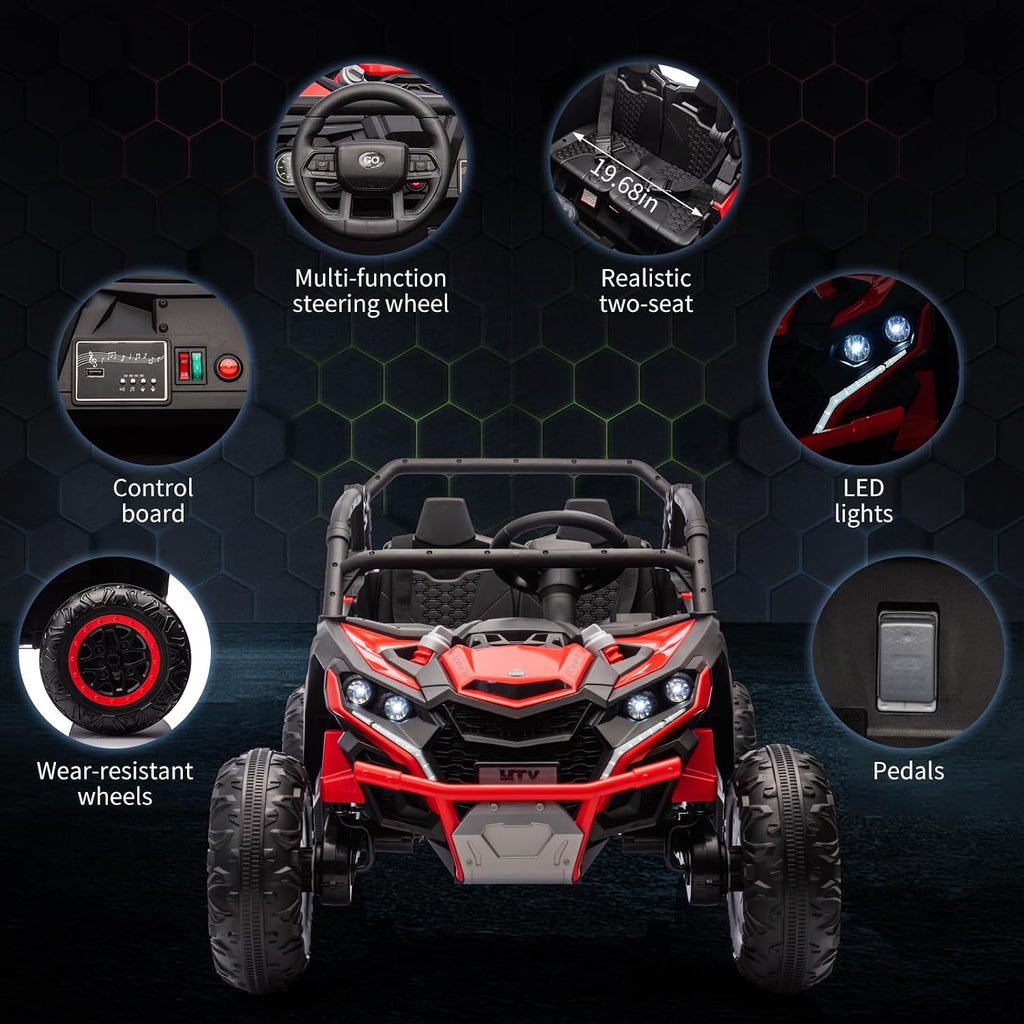 GarveeLife 24V Ride On Utv for Kids, 2 Seater 4WD Electric Truck with Remote Control, High and Low Speed Adjustment, Led Lights,4-Wheel Shock Absorption, One Click Start, Music Player (Red)
