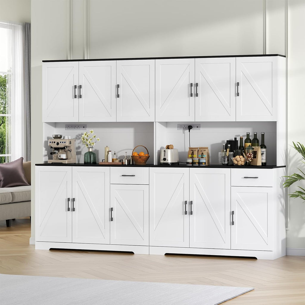 71' Tall Kitchen Pantry Storage Cabinet with Charging Station,Farmhouse Buffet Cabinet with Microwave Shelf,Large Kitchen Hutch Cabinet Doors & Drawer,Food Pantry for Dining Room,Living Room (White)