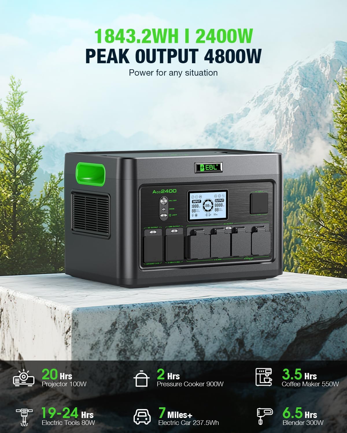 EBL 2400W Portable Power Station with 2x200W Solar Panels (Ship Separately), 1843.2Wh Home Backup Battery,LiFePO4,Solar Generator,Pure Sine Wave, For Outdoor Camping RV Travel, Off-grid Home Emergency